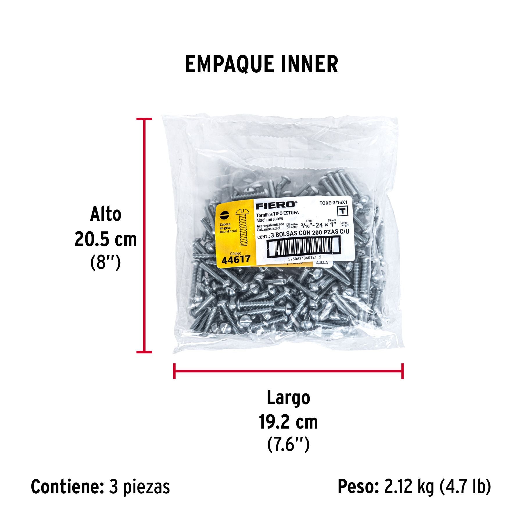 Tornillo Tipo Estufa 3/16" x 1" Fiero Bolsa 200 Piezas