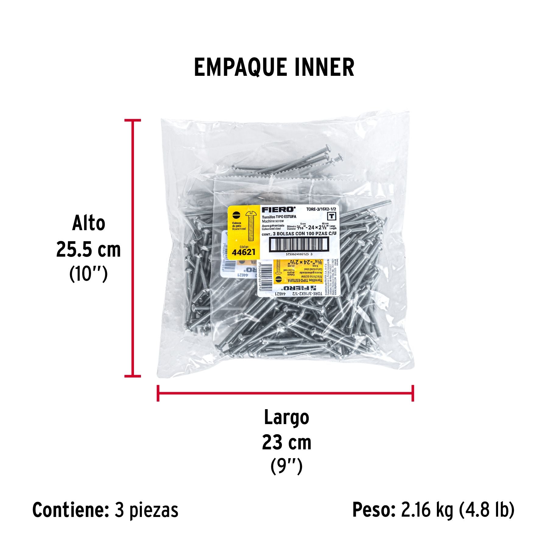 Tornillo Tipo Estufa 3/16" x 2"1/2 Fiero Bolsa 100 Piezas