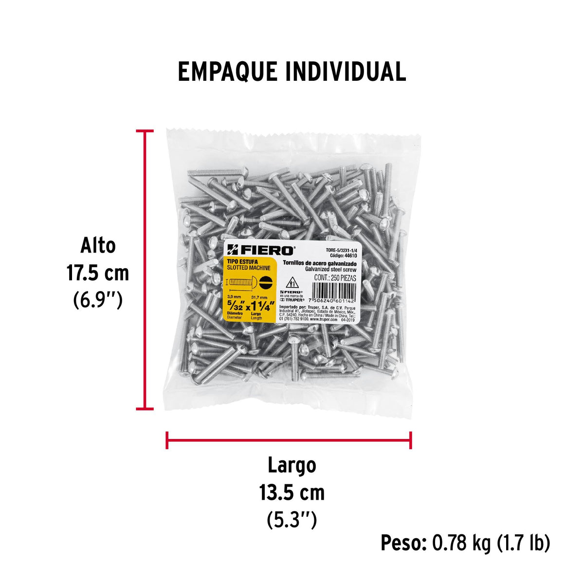 Tornillo Tipo Estufa 5/32" x  3/4" Fiero Bolsa 350 Piezas
