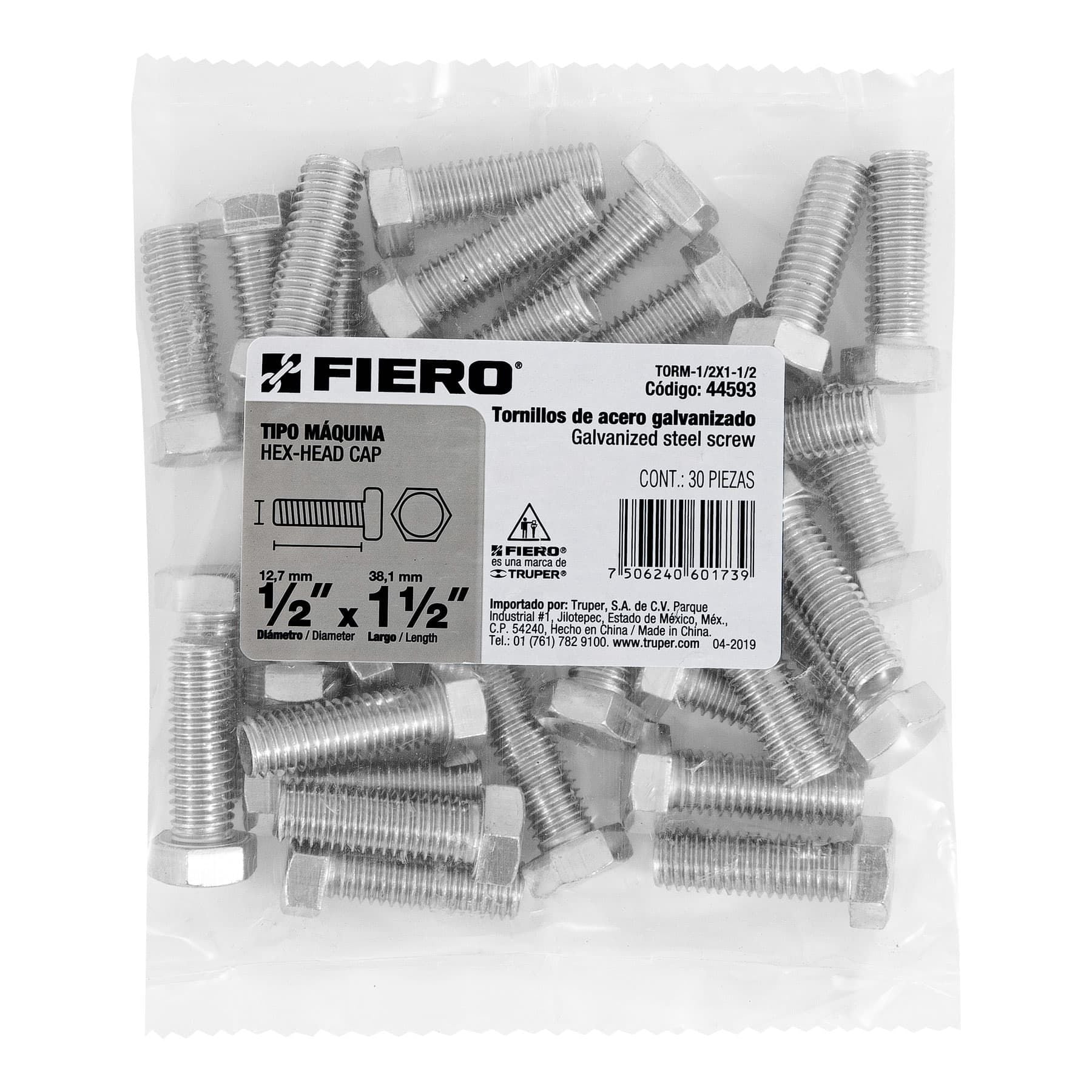 Tornillo Cabeza Hexagonal 1/2" x 1"1/2 Fiero Bolsa 30 Piezas