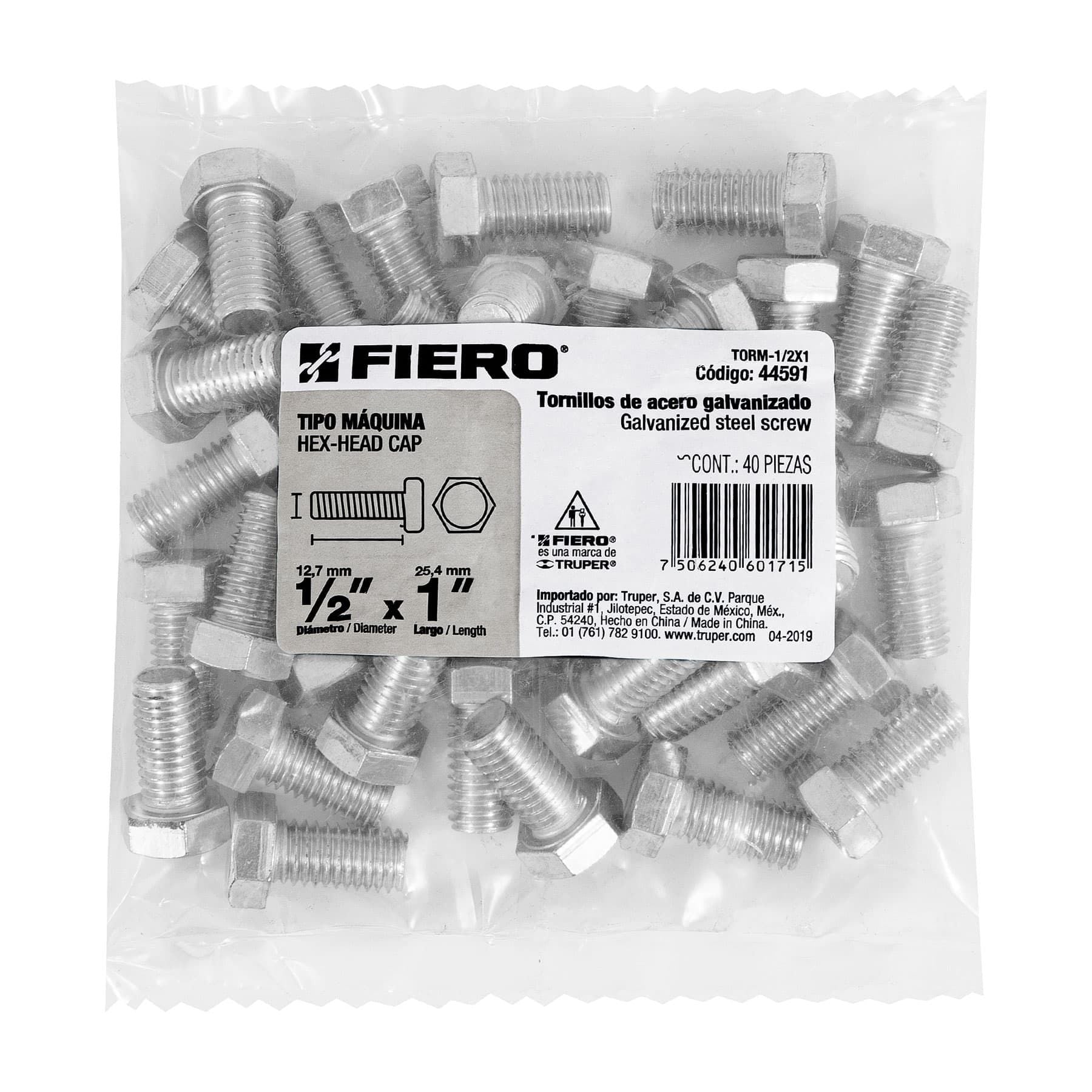 Tornillo Cabeza Hexagonal 1/2" x 1" Fiero Bolsa 40 Piezas