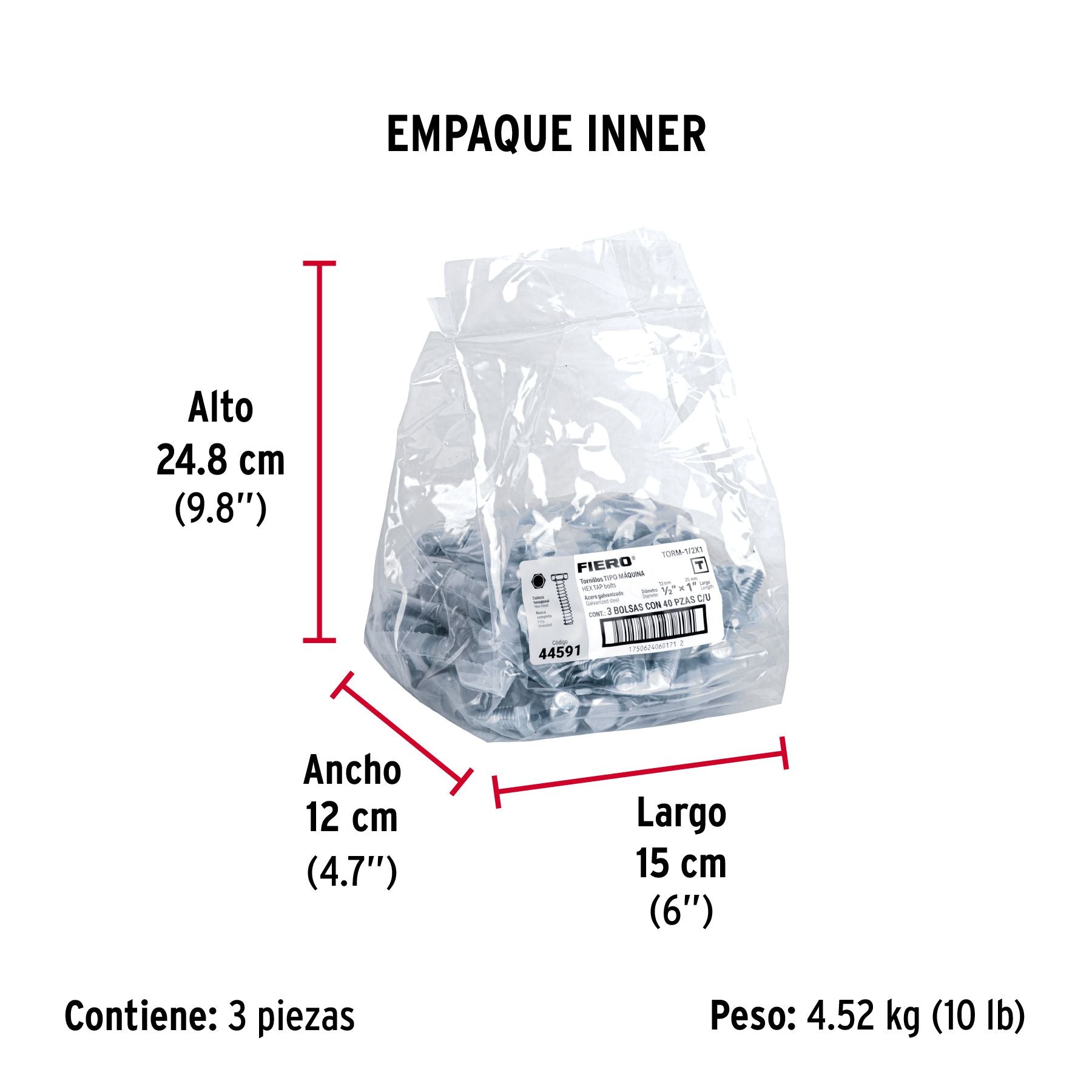Tornillo Cabeza Hexagonal 1/2" x 1" Fiero Bolsa 40 Piezas