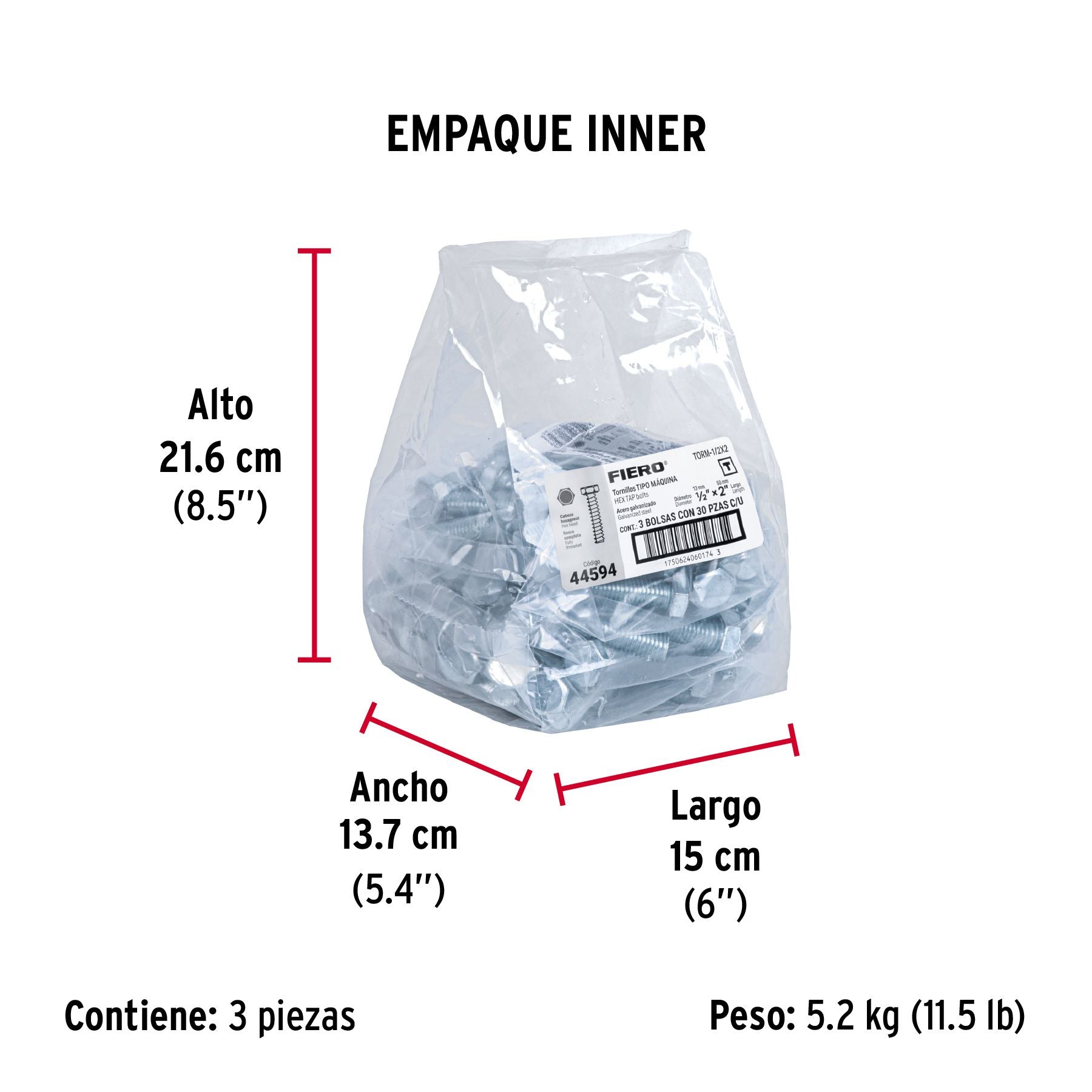 Tornillo Cabeza Hexagonal 1/2" x 2" Fiero Bolsa 30 Piezas