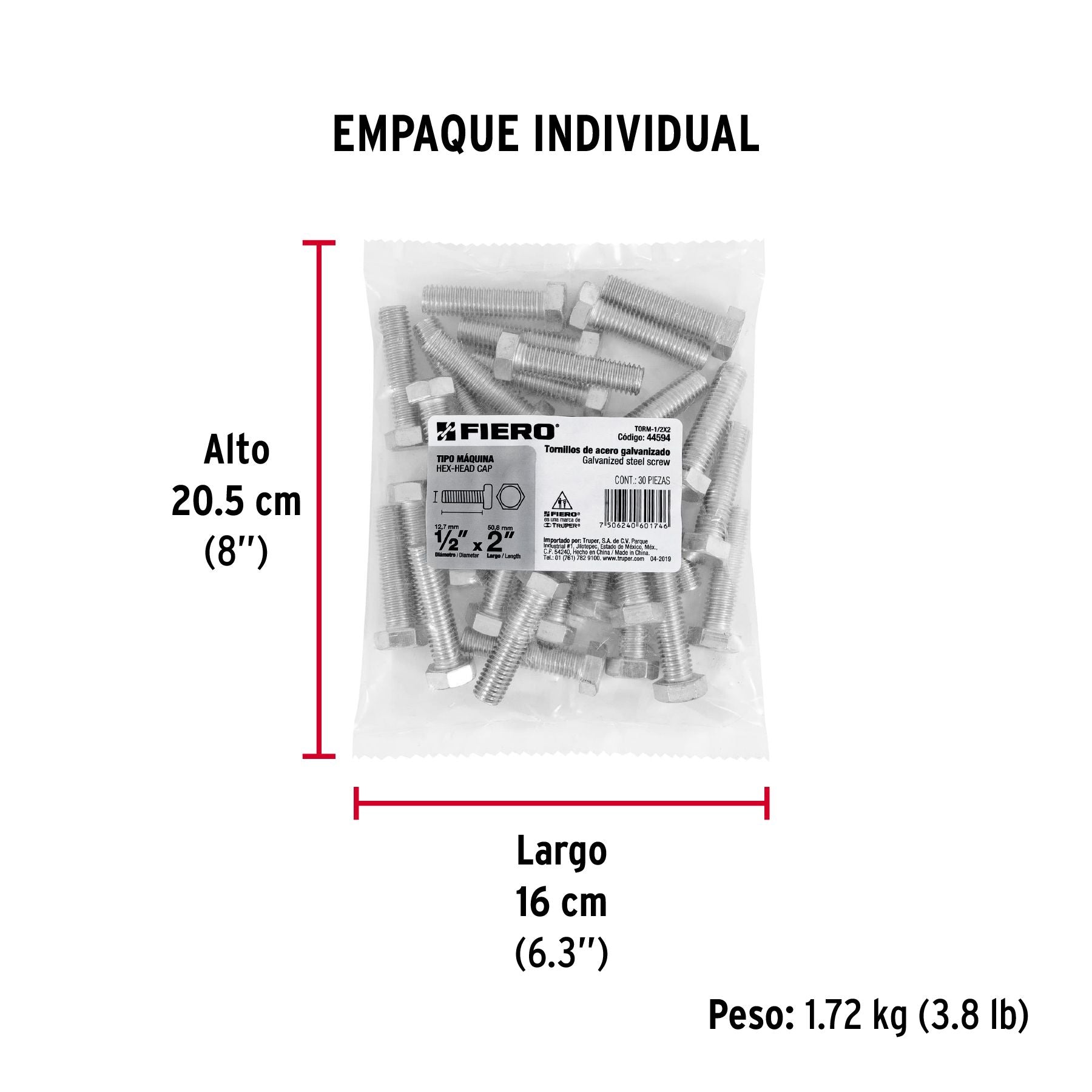 Tornillo Cabeza Hexagonal 1/2" x 2" Fiero Bolsa 30 Piezas