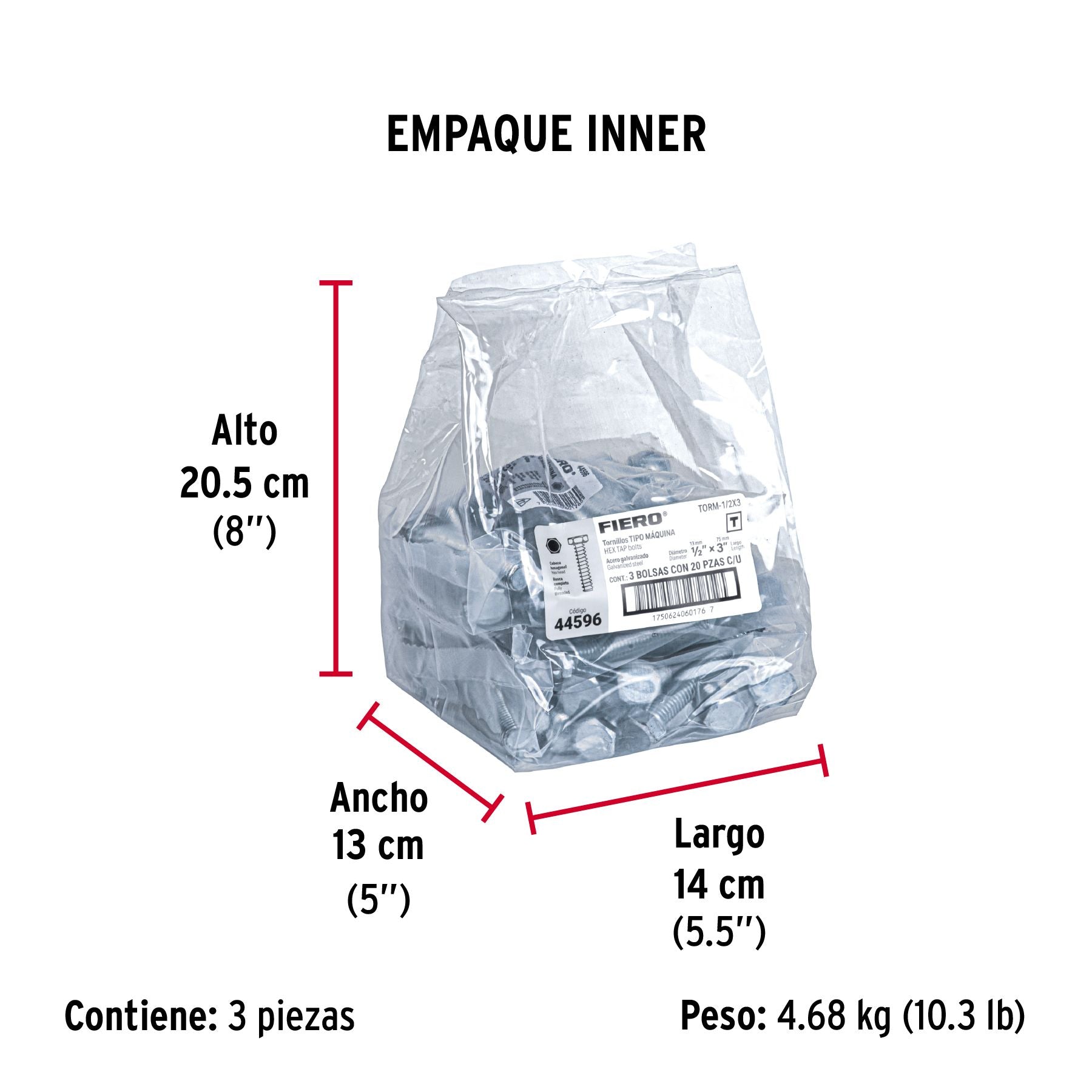 Tornillo Cabeza Hexagonal 1/2" x 3" Fiero Bolsa 20 Piezas