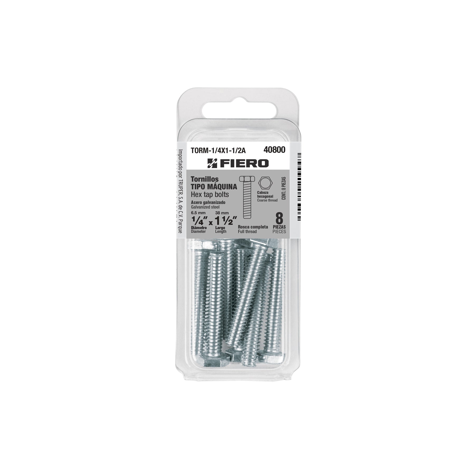 Tornillo Cabeza Hexagonal 1/4" x 1"1/2 Blister 8 Pieza Fiero