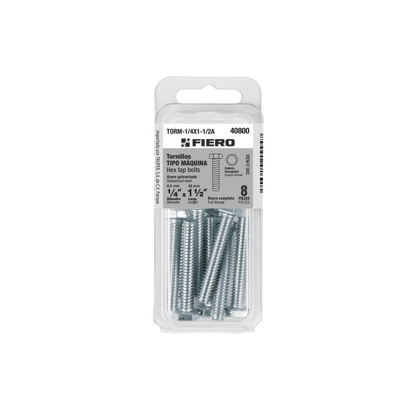 Tornillo Cabeza Hexagonal 1/4" x 1"1/2 Blister 8 Pieza Fiero
