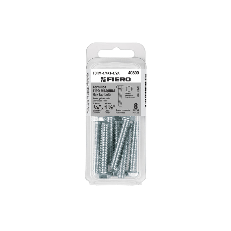 Tornillo Cabeza Hexagonal 1/4" x 1"1/2 Blister 8 Pieza Fiero