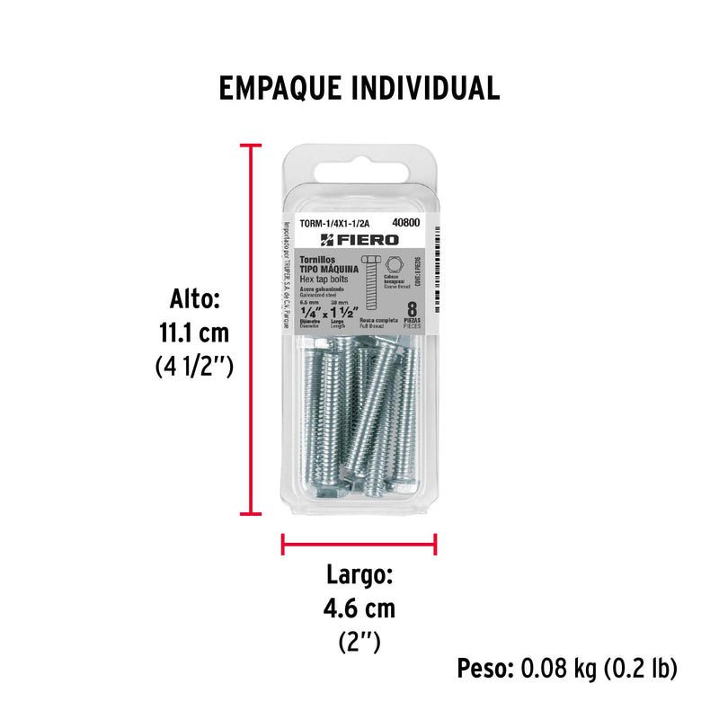 Tornillo Cabeza Hexagonal 1/4" x 1"1/2 Blister 8 Pieza Fiero