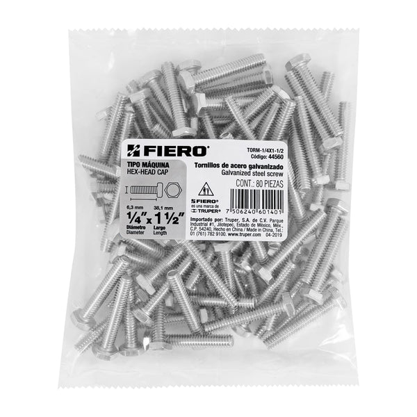 Tornillo Cabeza Hexagonal 1/4" x 1"1/2 Bolsa 80 Piezas Fiero