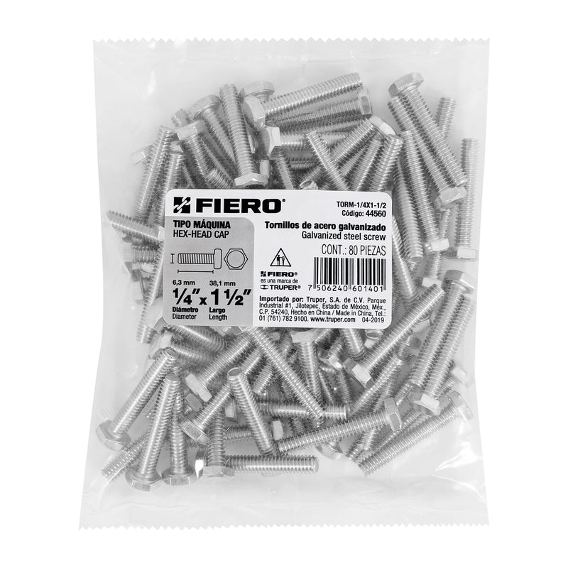 Tornillo Cabeza Hexagonal 1/4" x 1"1/2 Bolsa 80 Piezas Fiero