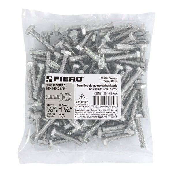 Tornillo Cabeza Hexagonal 1/4" (6 mm) X 1"1/4 Bolsa 100 Piezas Fiero