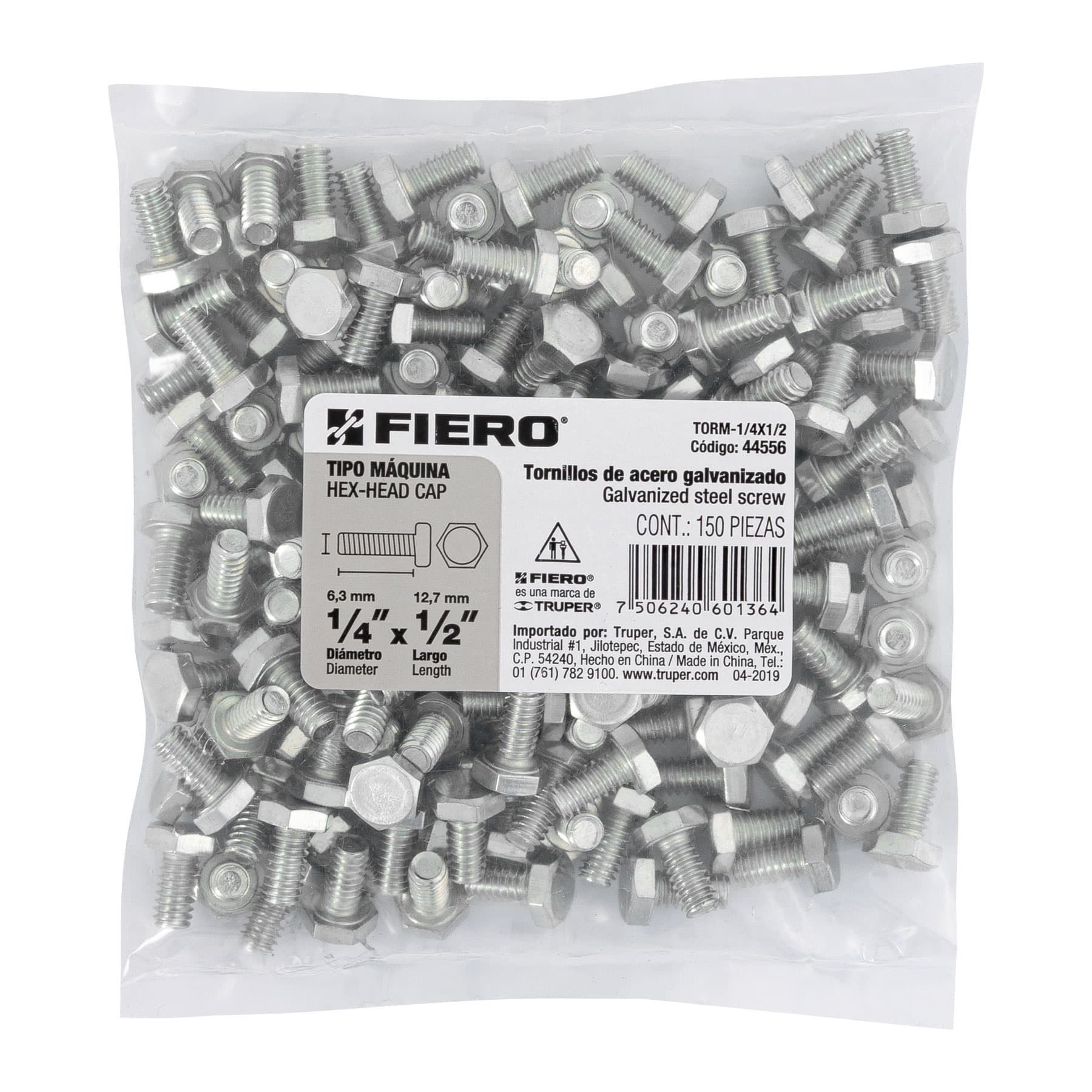 Tornillo Cabeza Hexagonal 1/4" (6 mm) X  1/2" por Pieza Fiero