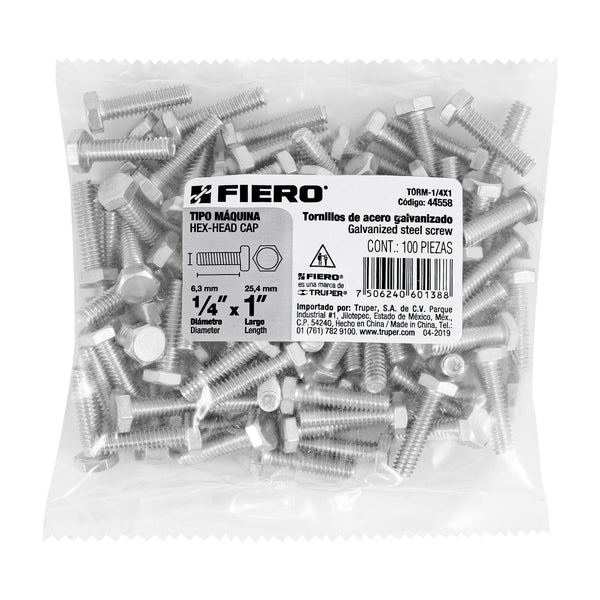 Tornillo Cabeza Hexagonal 1/4" (6 mm) X 1" Bolsa 100 Piezas Fiero