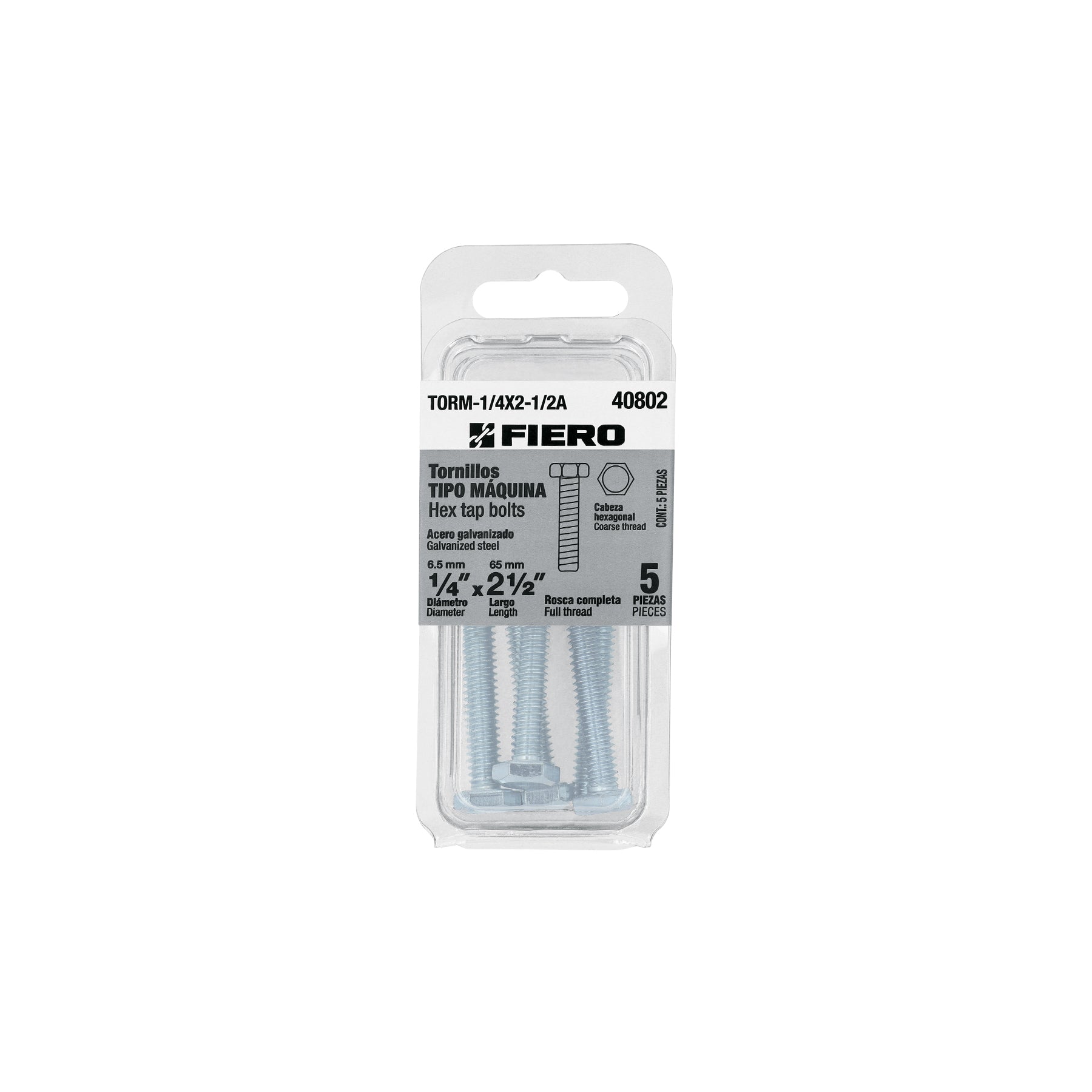 Tornillo Cabeza Hexagonal 1/4" x 2"1/2 Blister 5 Piezas Fiero