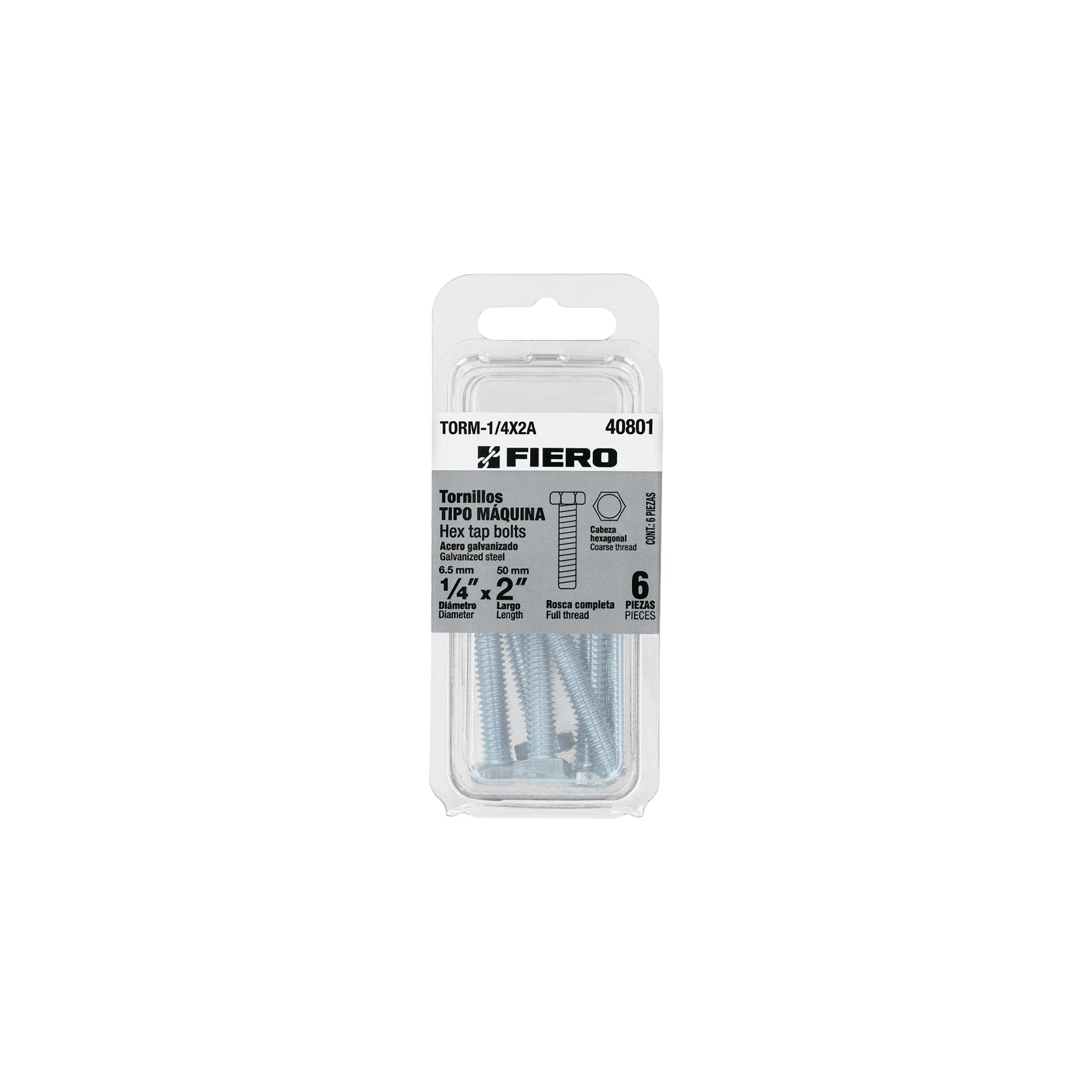 Tornillo Cabeza Hexagonal 1/4" X 2" Blister 6 Piezas Fiero