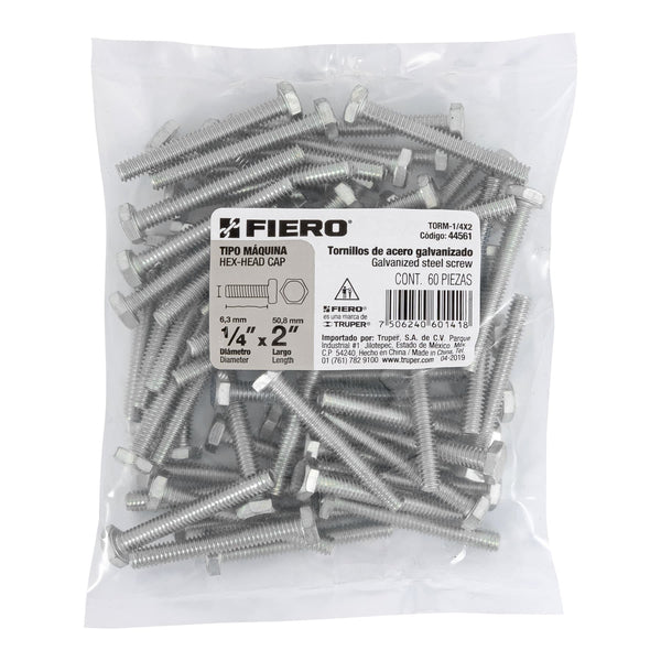 Tornillo Cabeza Hexagonal 1/4" X 2" Bolsa 60 Piezas Fiero