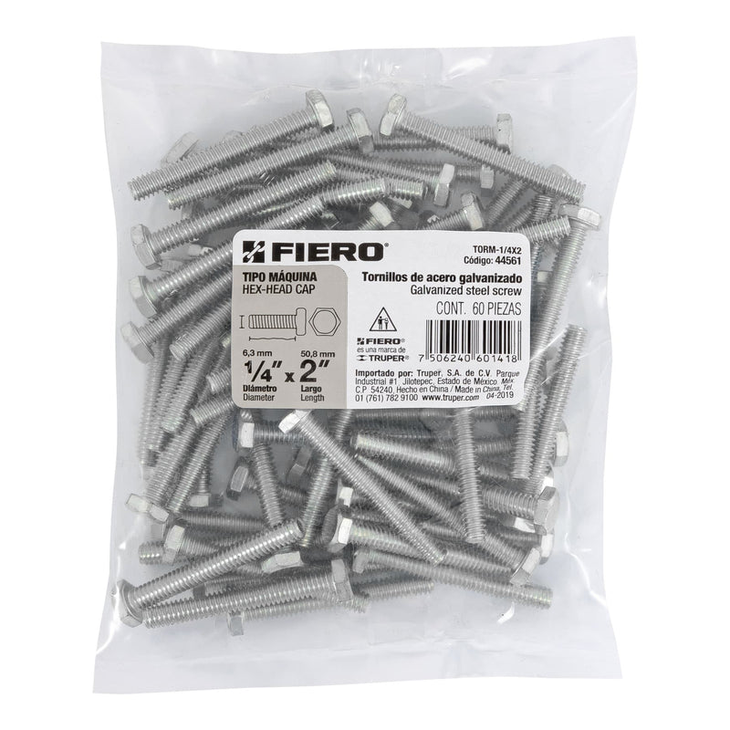 Tornillo Cabeza Hexagonal 1/4" X 2" Bolsa 60 Piezas Fiero