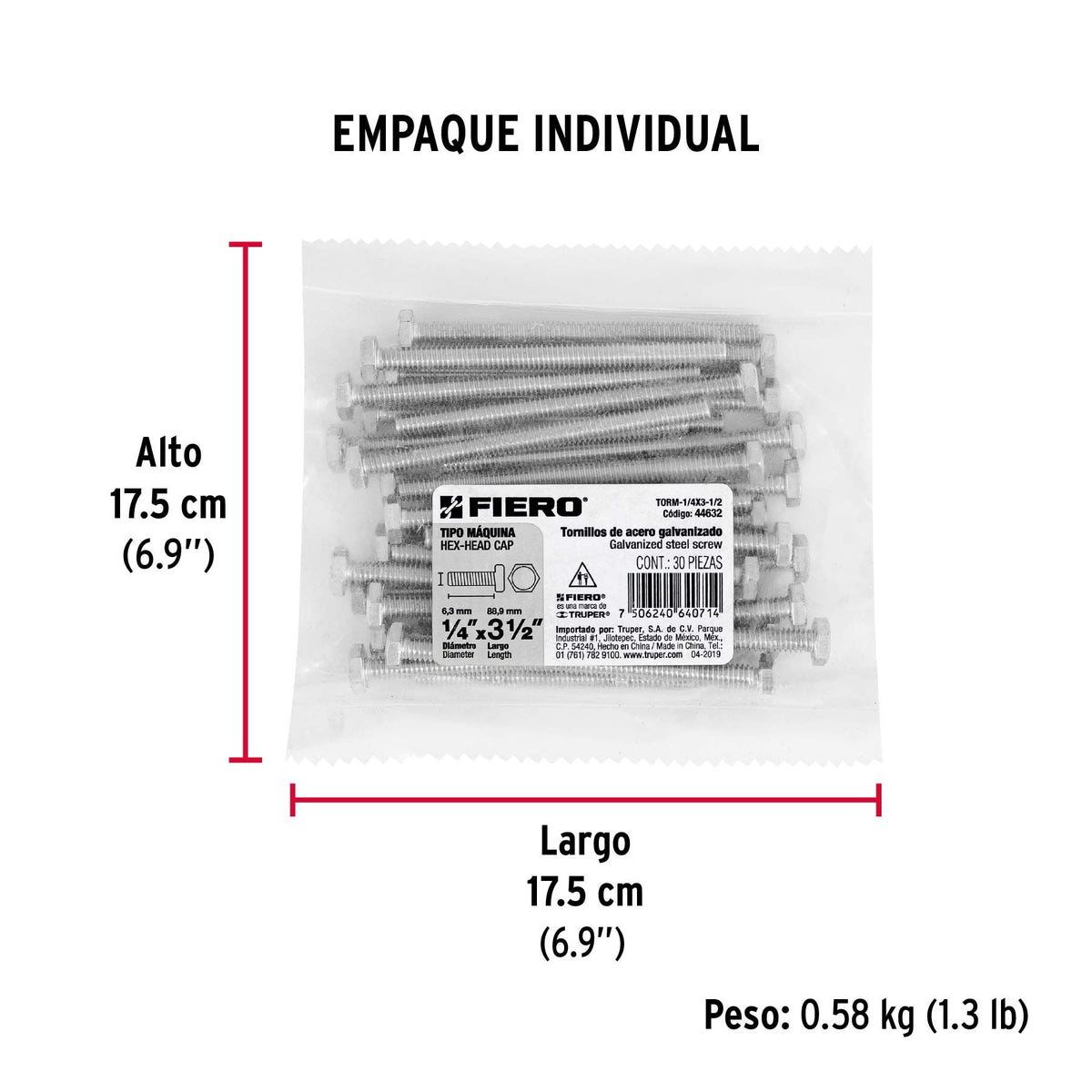 Tornillo Cabeza Hexagonal 1/4" x 3"1/2 Fiero Bolsa 30 Piezas