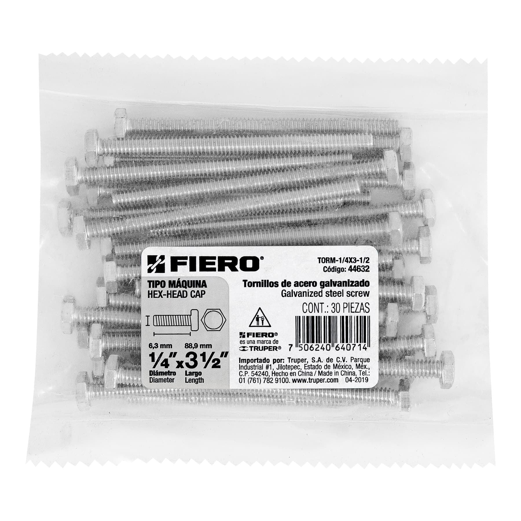Tornillo Cabeza Hexagonal 1/4" x 3"1/2 Fiero Bolsa 30 Piezas