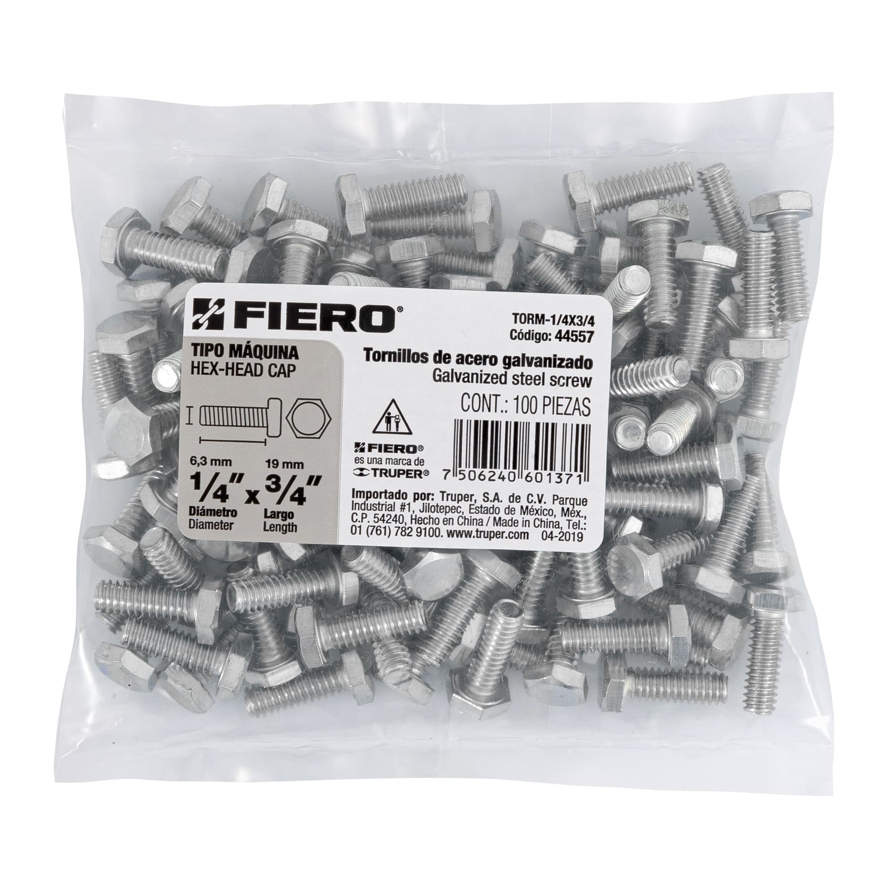 Tornillo Cabeza Hexagonal 1/4" (6 mm) X  3/4" Bolsa 100 Piezas Fiero