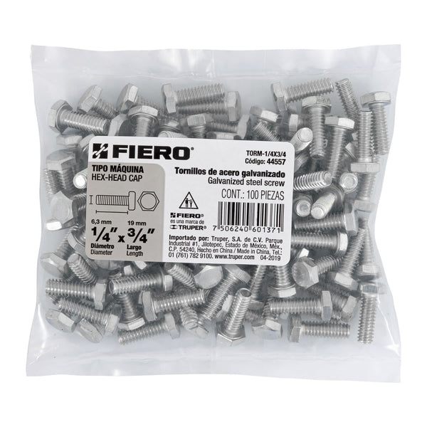 Tornillo Cabeza Hexagonal 1/4" (6 mm) X  3/4" Bolsa 100 Piezas Fiero