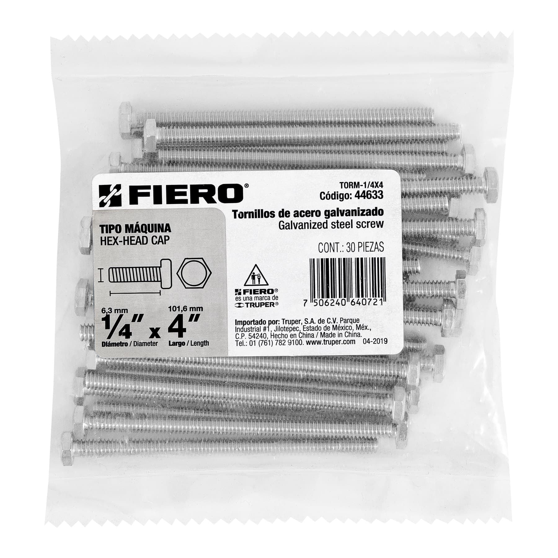 Tornillo Cabeza Hexagonal 1/4" x 5" Fiero Bolsa 25 Piezas