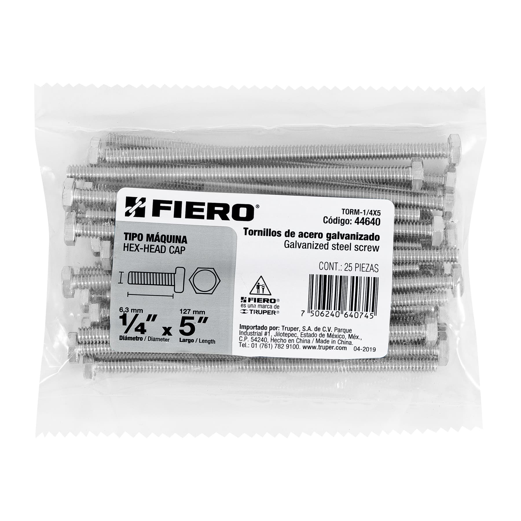 Tornillo Cabeza Hexagonal 1/4" (6 mm) X 5" Fiero