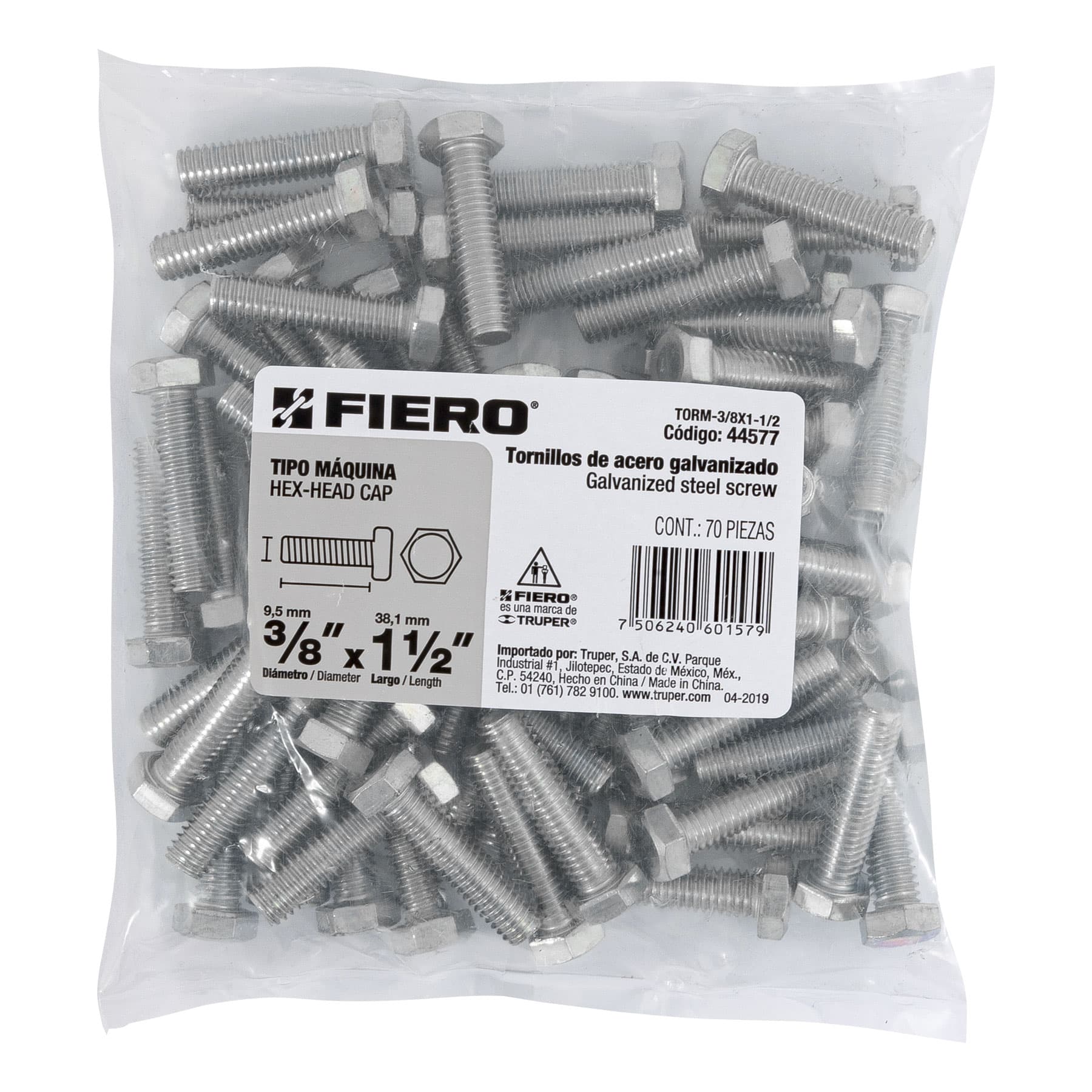 Tornillo Cabeza Hexagonal 3/8" (10 mm) X 1"1/2 Fiero