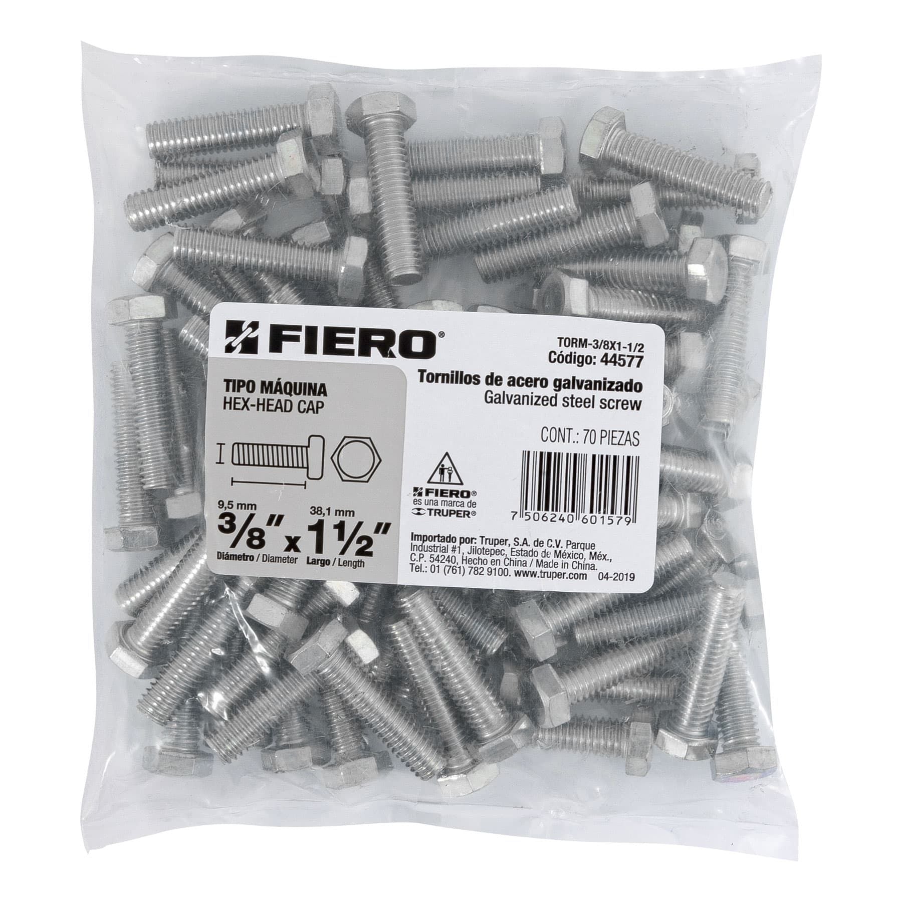 Tornillo Cabeza Hexagonal 3/8" X 1"1/2 Fiero Bolsa 70 Piezas