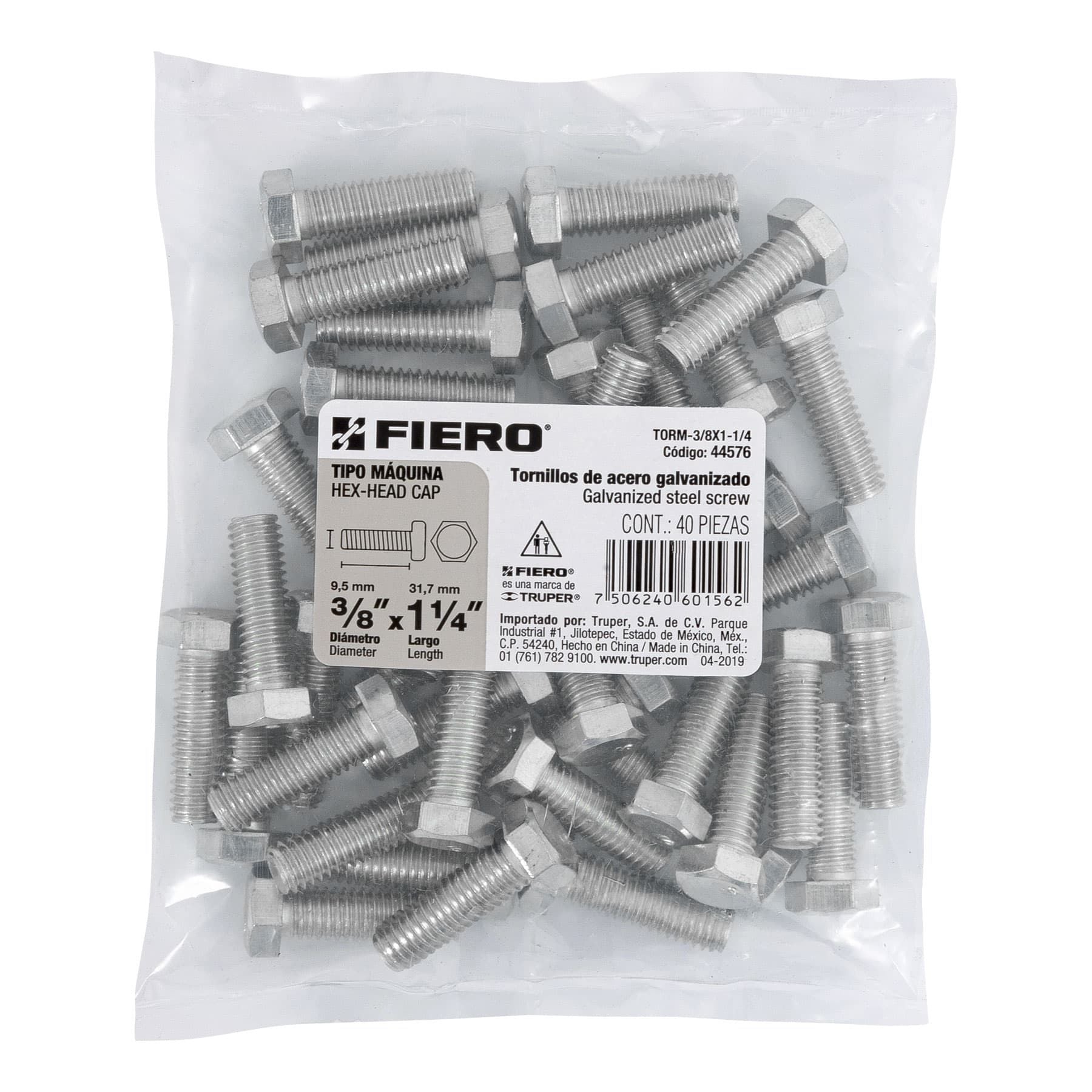 Tornillo Cabeza Hexagonal 3/8" X 1"1/4 Fiero Bolsa 40 Piezas