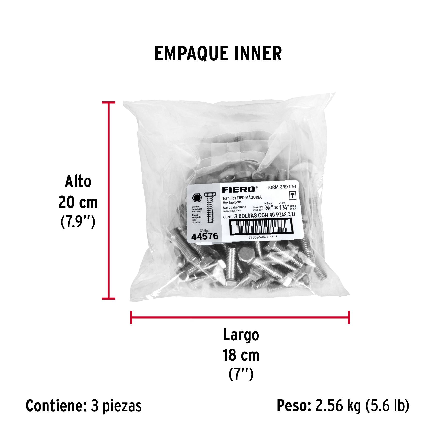 Tornillo Cabeza Hexagonal 3/8" X 1"1/4 Fiero Bolsa 40 Piezas