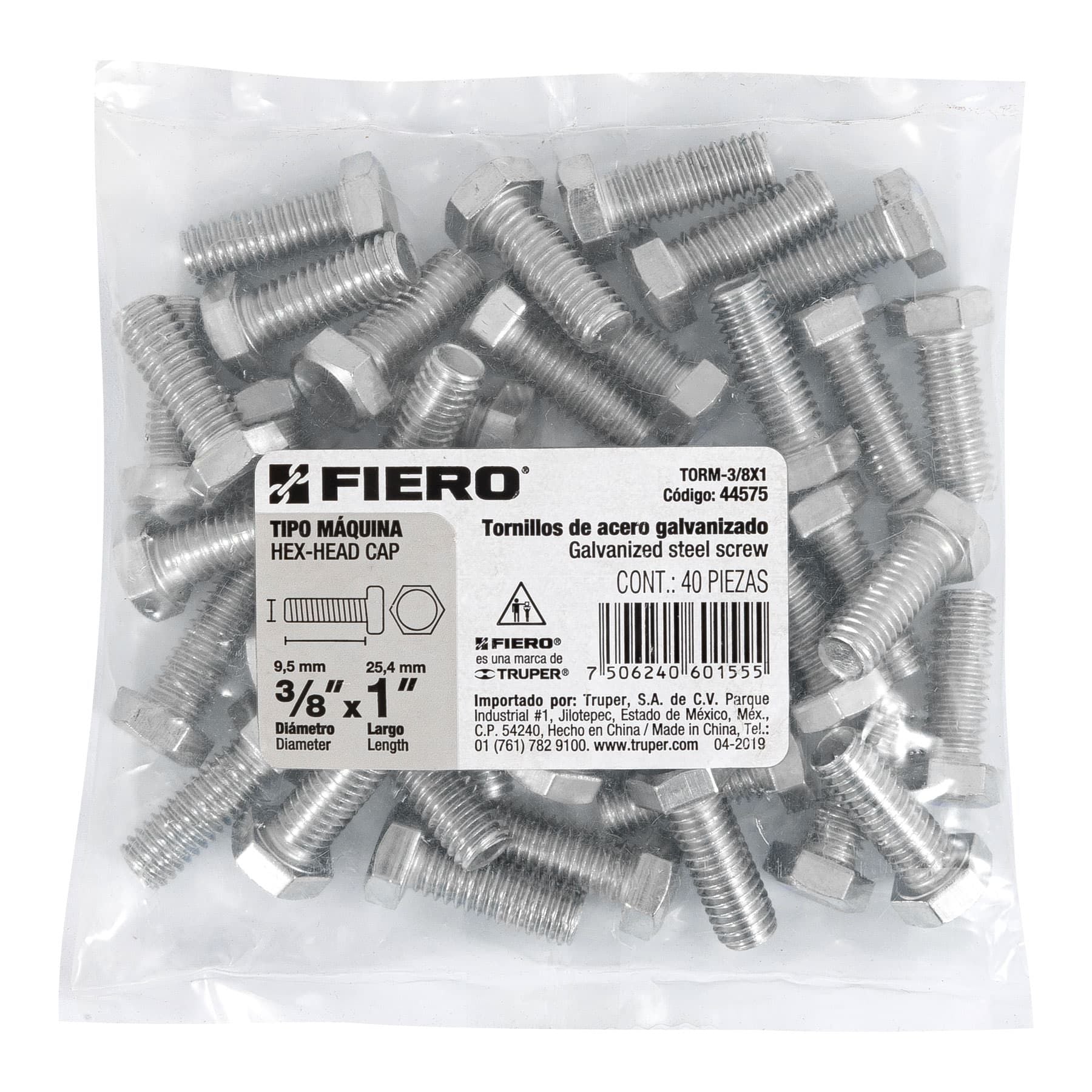 Tornillo Cabeza Hexagonal 3/8" X 1" Fiero Bolsa 40 Piezas