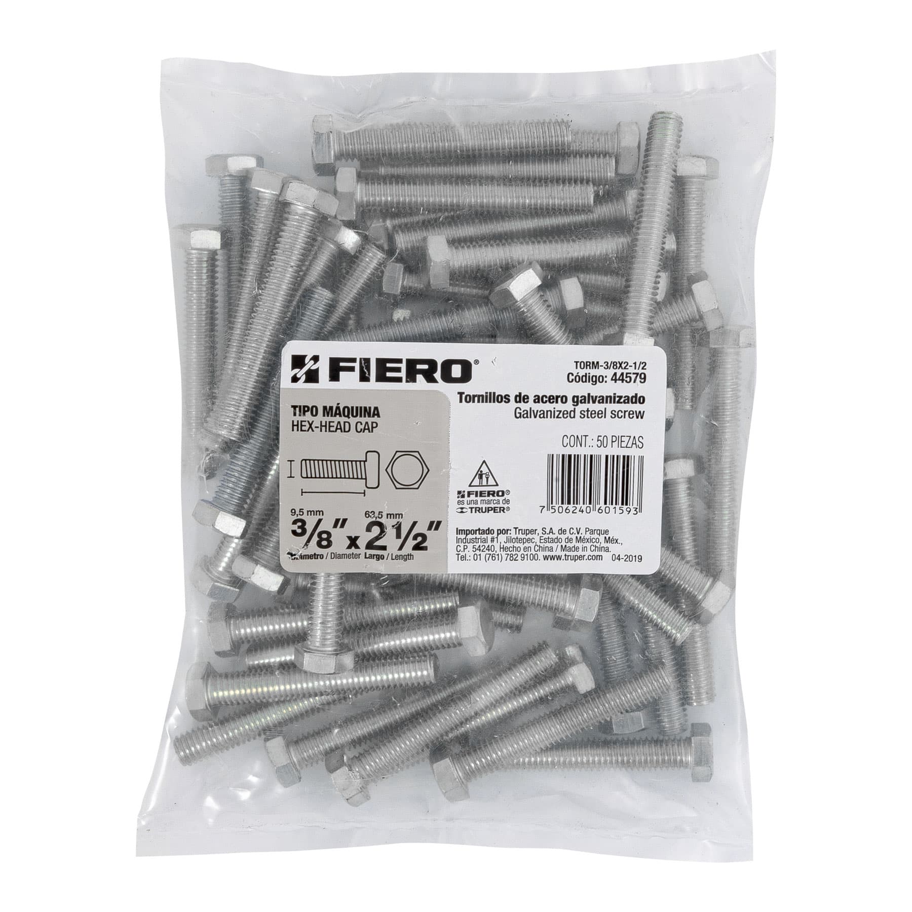 Tornillo Cabeza Hexagonal 3/8" (10 mm) X 2"1/2 Fiero Bolsa 50 Piezas
