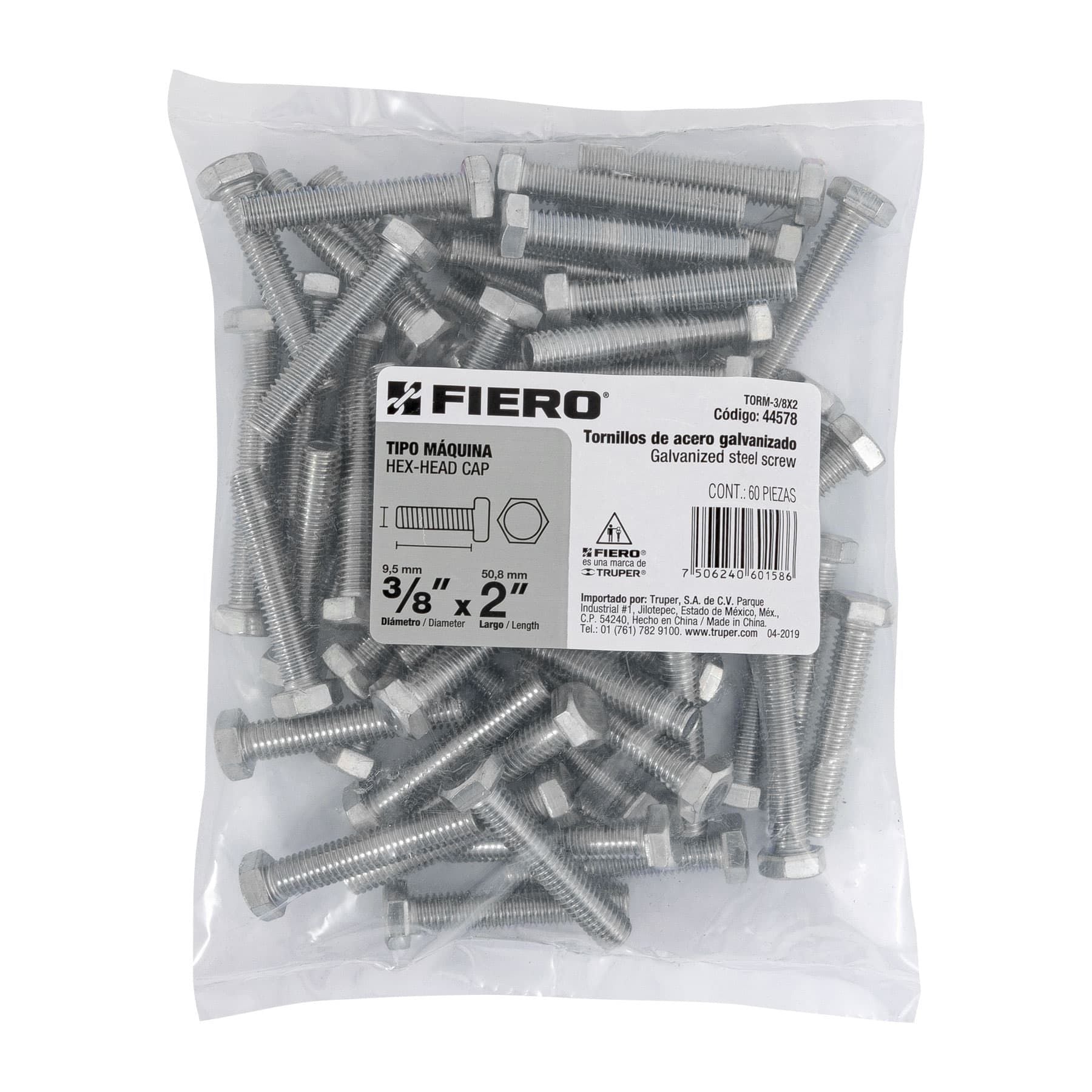 Tornillo Cabeza Hexagonal 3/8" X 2" Fiero Bolsa 60 Piezas