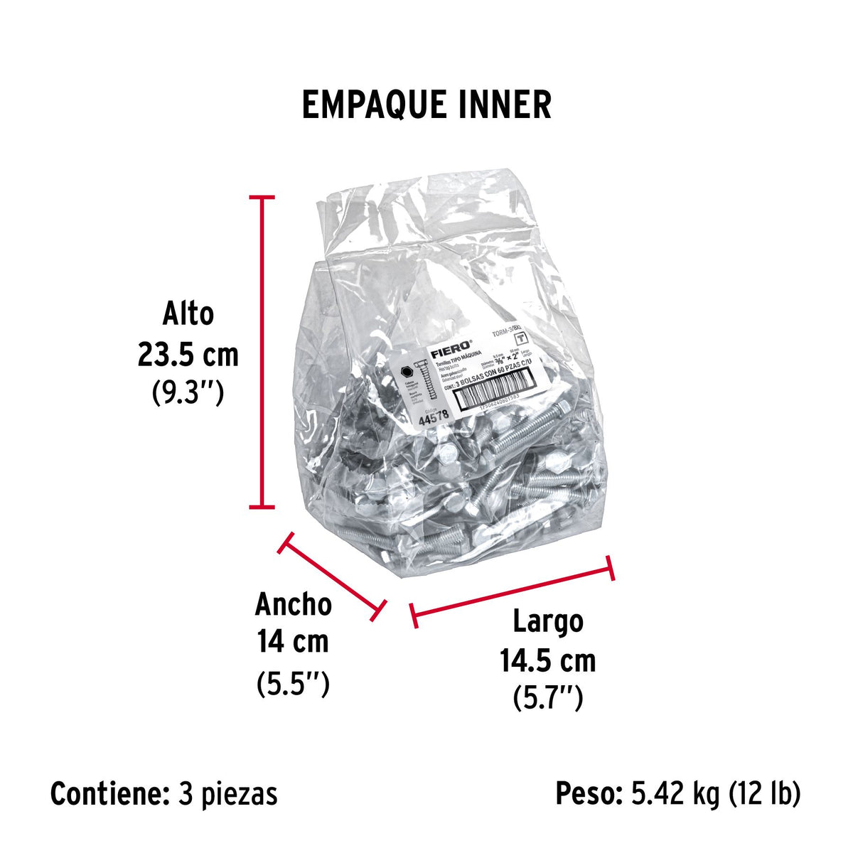 Tornillo Cabeza Hexagonal 3/8" X 2" Fiero Bolsa 60 Piezas