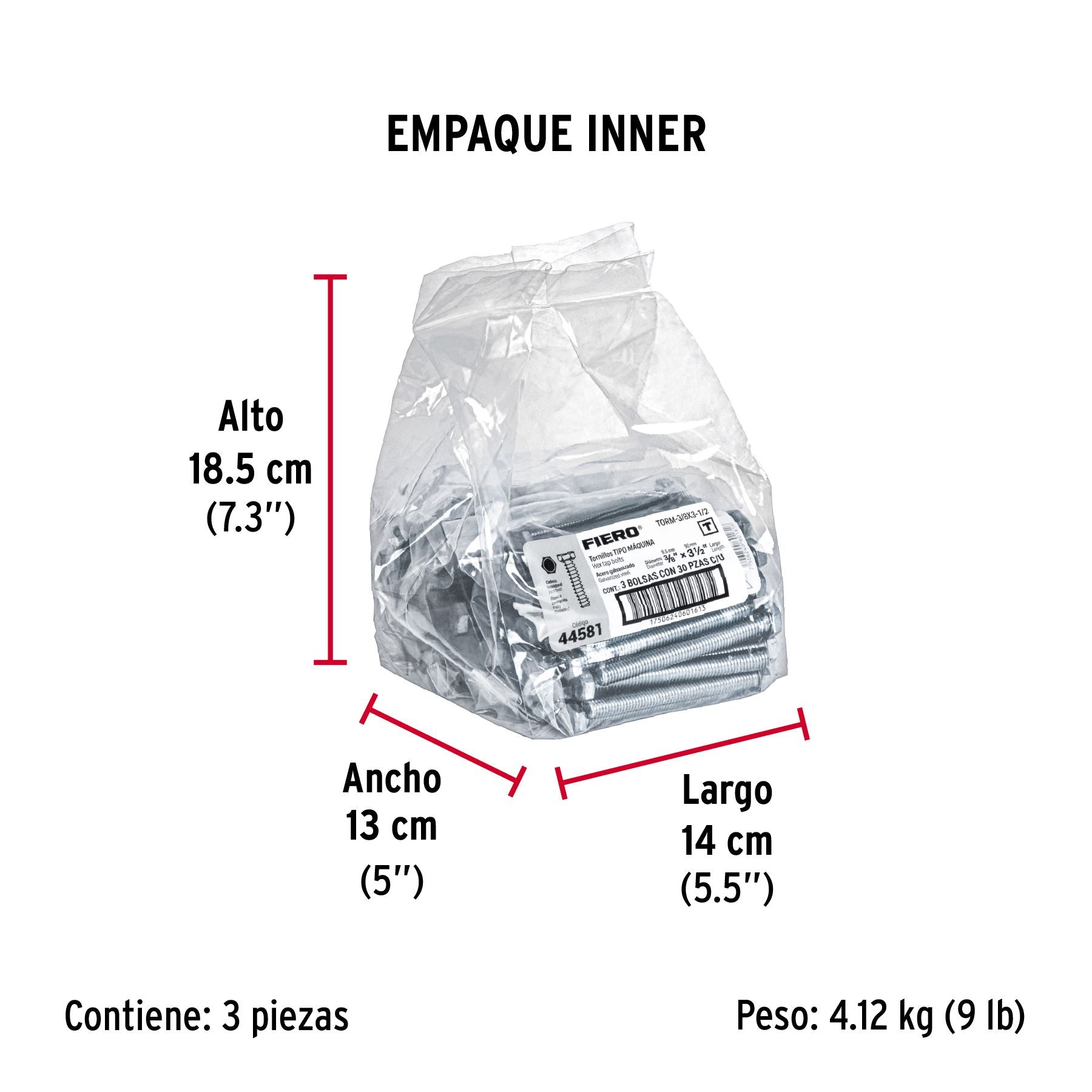 Tornillo Cabeza Hexagonal 3/8" x 3"1/2 Fiero Bolsa 30 Piezas