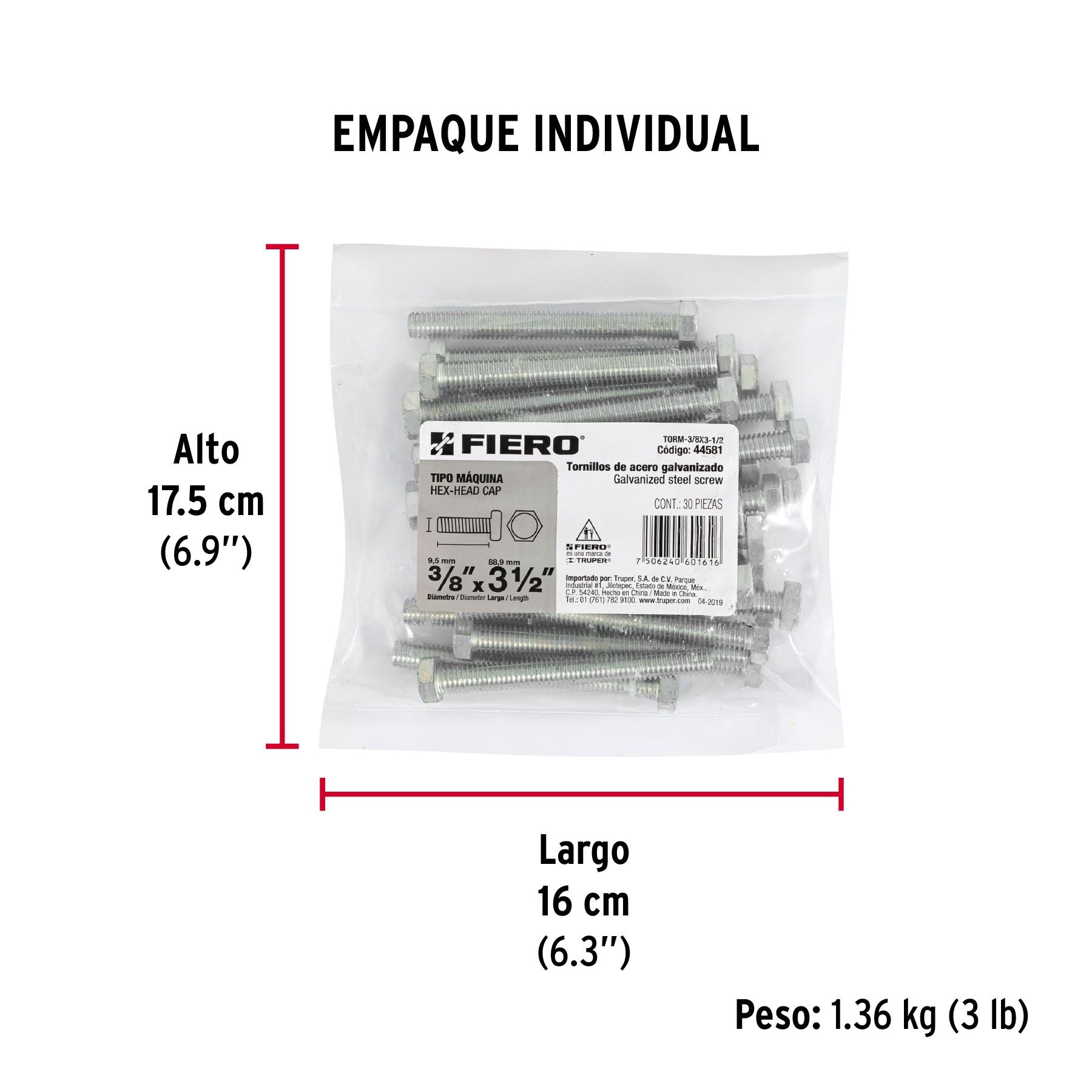 Tornillo Cabeza Hexagonal 3/8" x 3"1/2 Fiero Bolsa 30 Piezas
