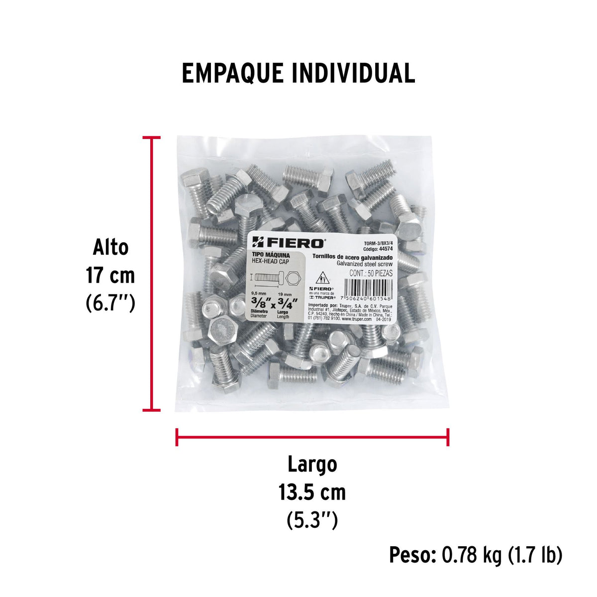 Tornillo Cabeza Hexagonal 3/8" x  3/4" Fiero Bolsa 50 Piezas