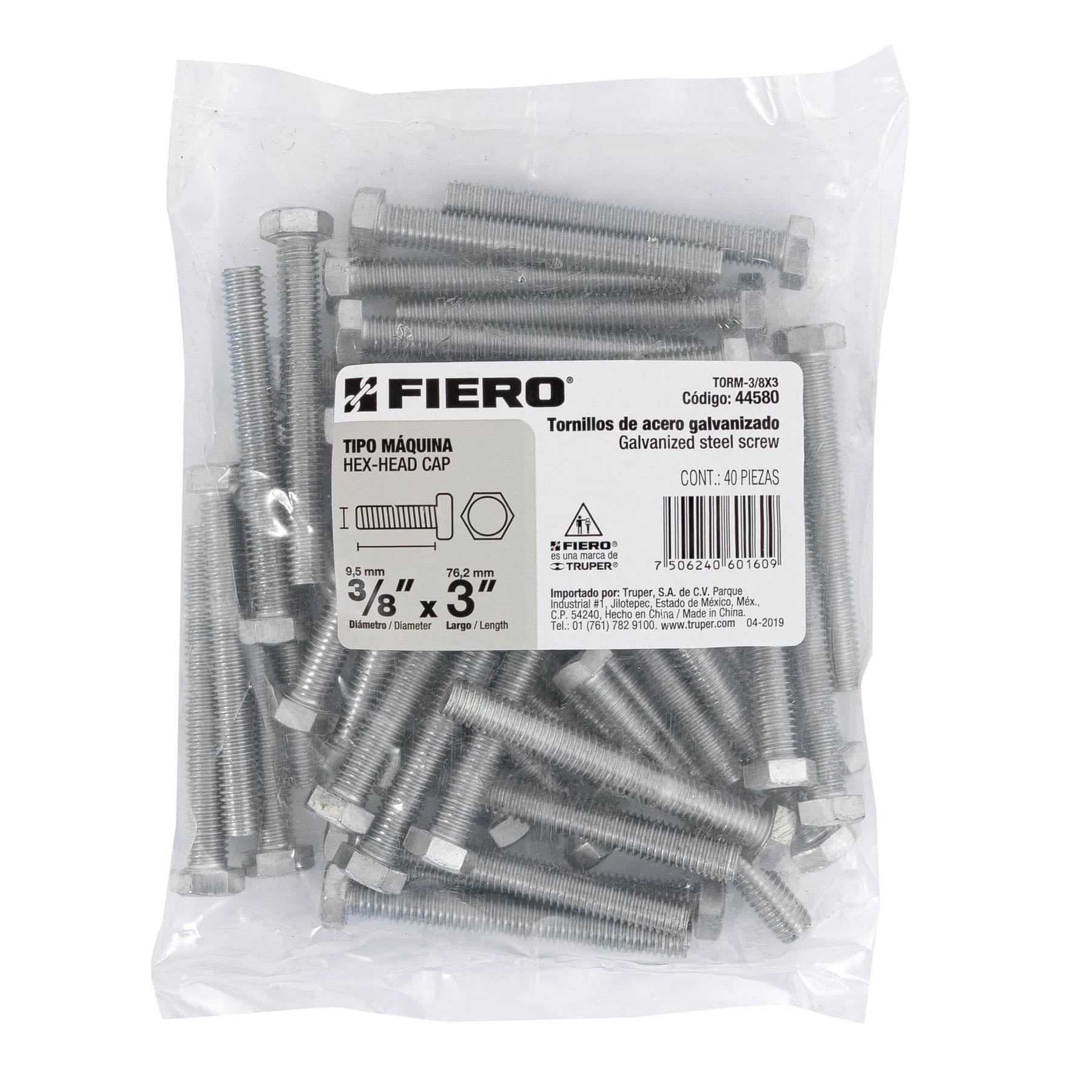 Tornillo Cabeza Hexagonal 3/8" X 3" Fiero Bolsa 40 Piezas