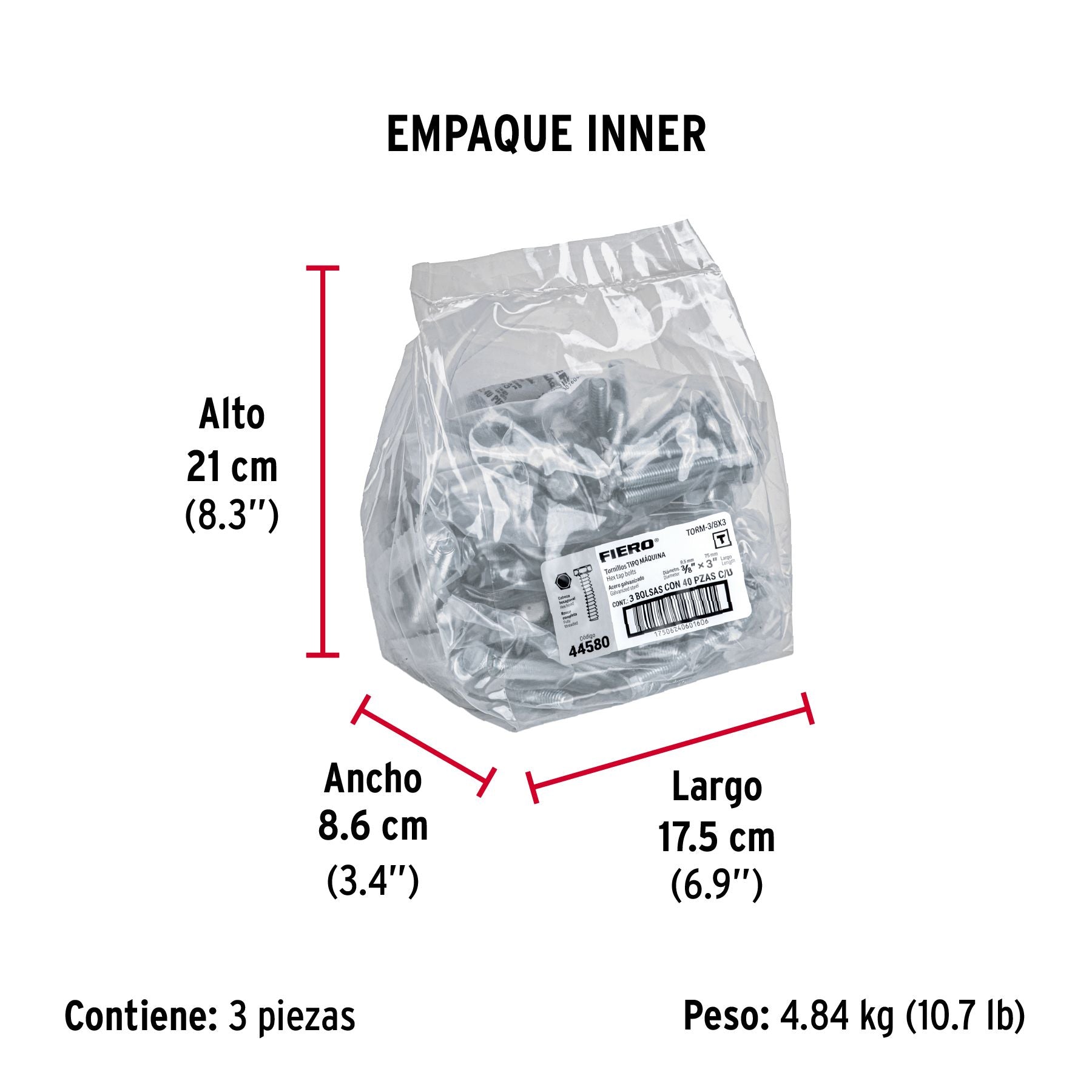 Tornillo Cabeza Hexagonal 3/8" X 3" Fiero Bolsa 40 Piezas