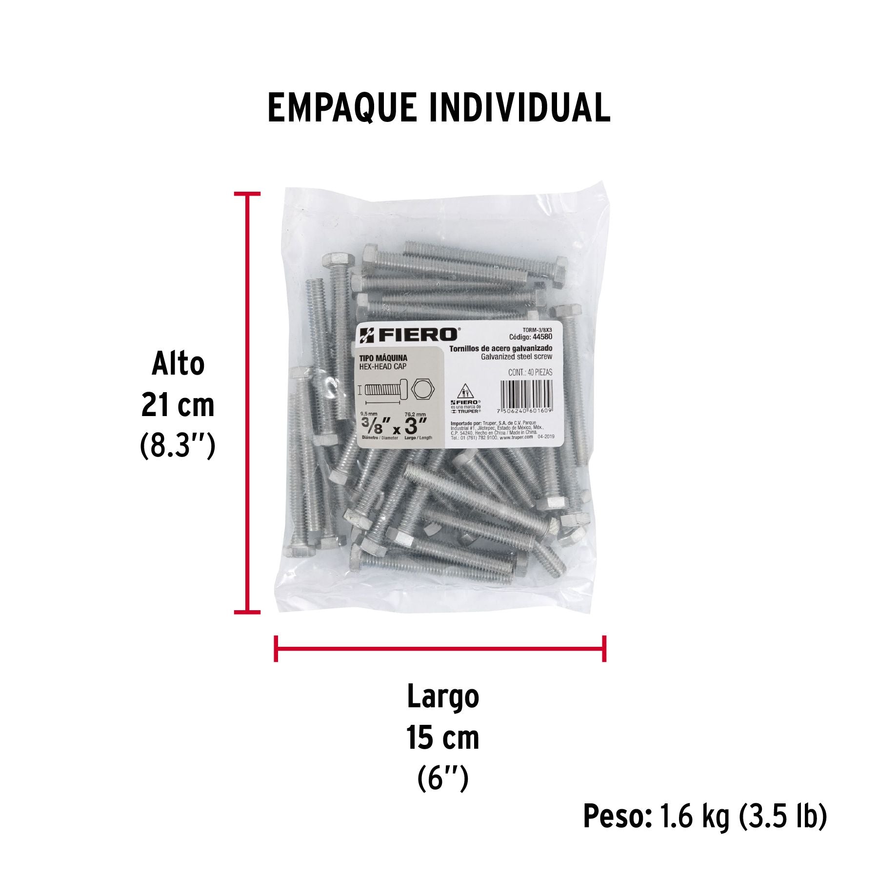 Tornillo Cabeza Hexagonal 3/8" X 3" Fiero Bolsa 40 Piezas