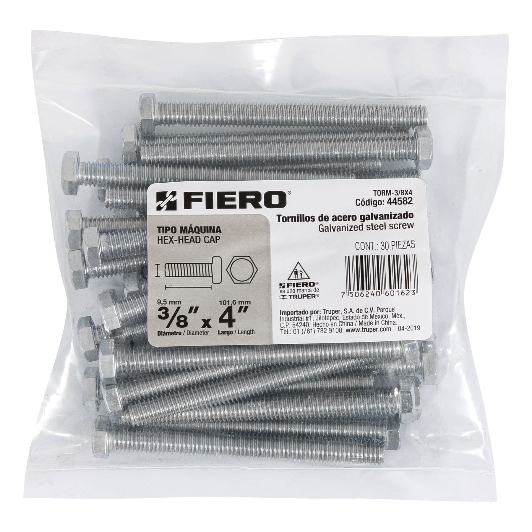 Tornillo Cabeza Hexagonal 3/8" x 4" Fiero Bolsa 30 Piezas