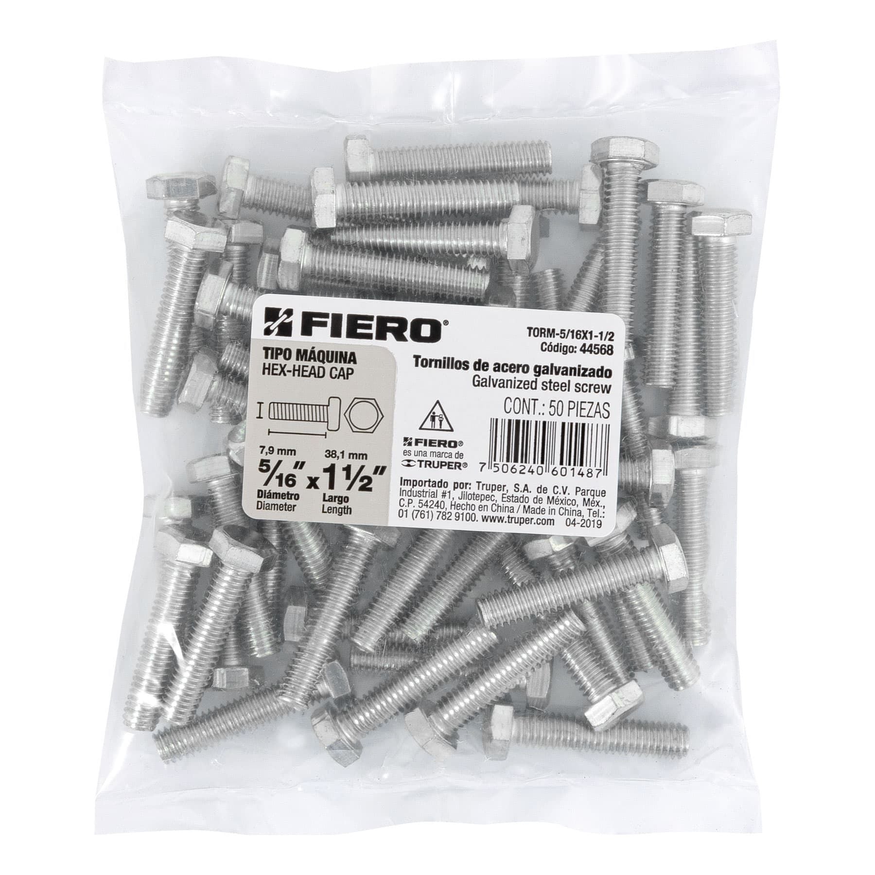 Tornillo Cabeza Hexagonal 5/16" x 1"1/2 Fiero Bolsa 50 Piezas