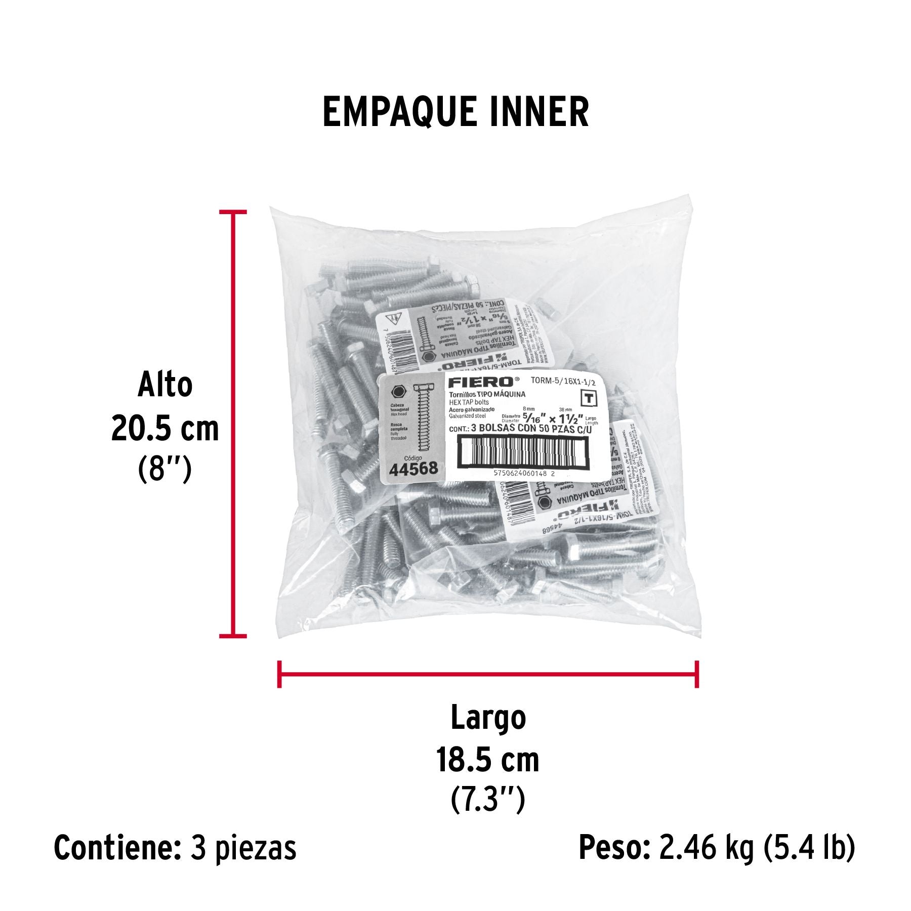 Tornillo Cabeza Hexagonal 5/16" x 1"1/2 Fiero Bolsa 50 Piezas