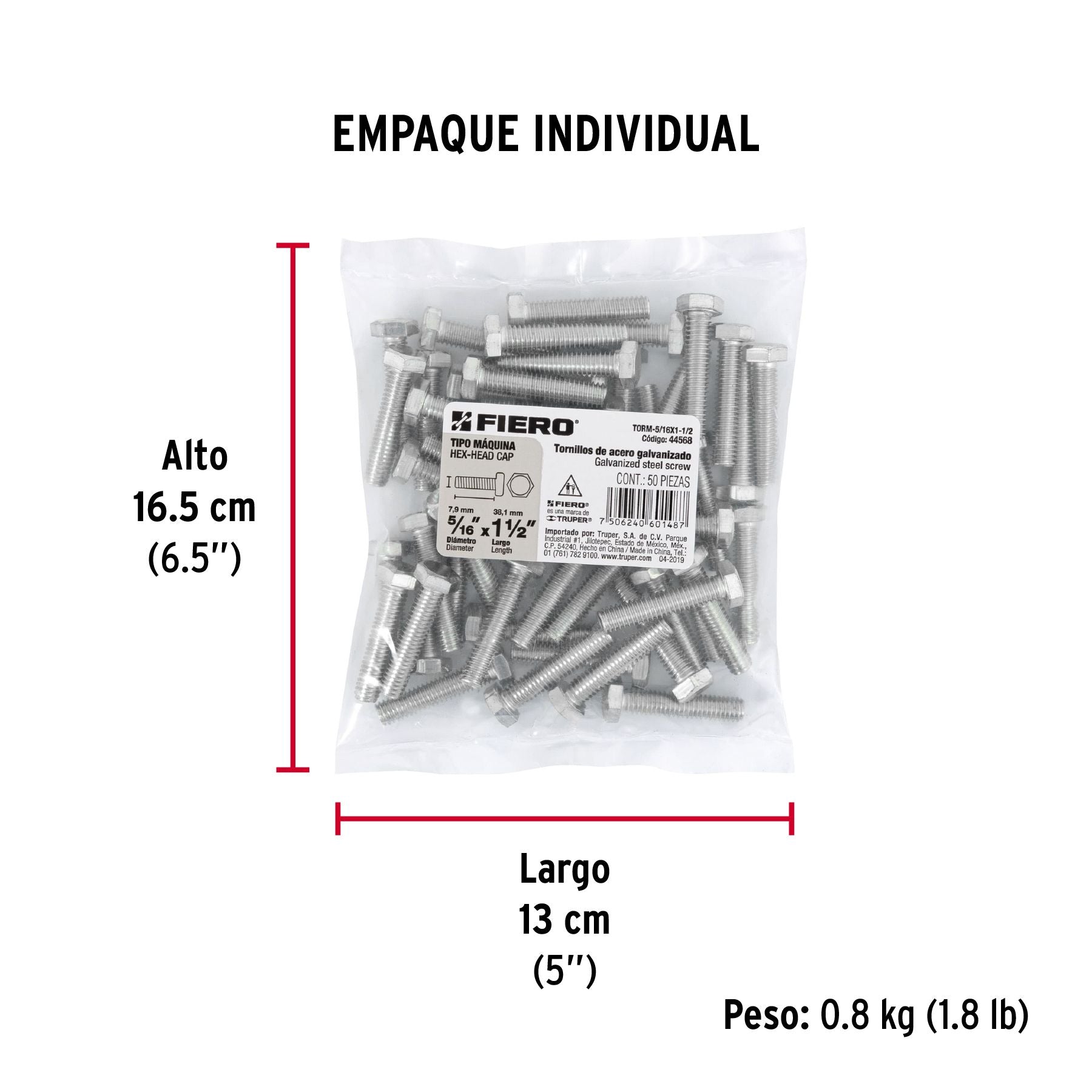 Tornillo Cabeza Hexagonal 5/16" x 1"1/2 Fiero Bolsa 50 Piezas