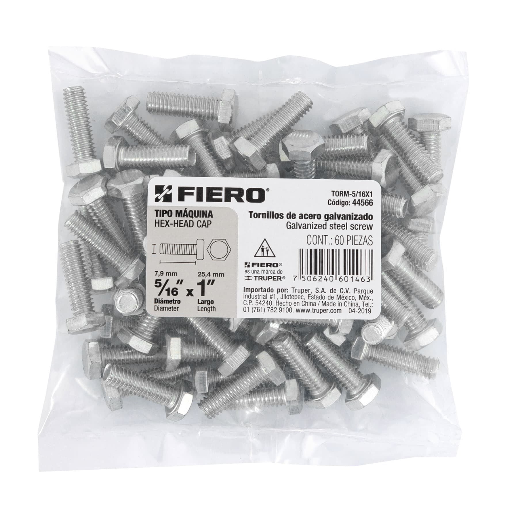 Tornillo Cabeza Hexagonal 5/16" x 1" Fiero Bolsa 60 Piezas