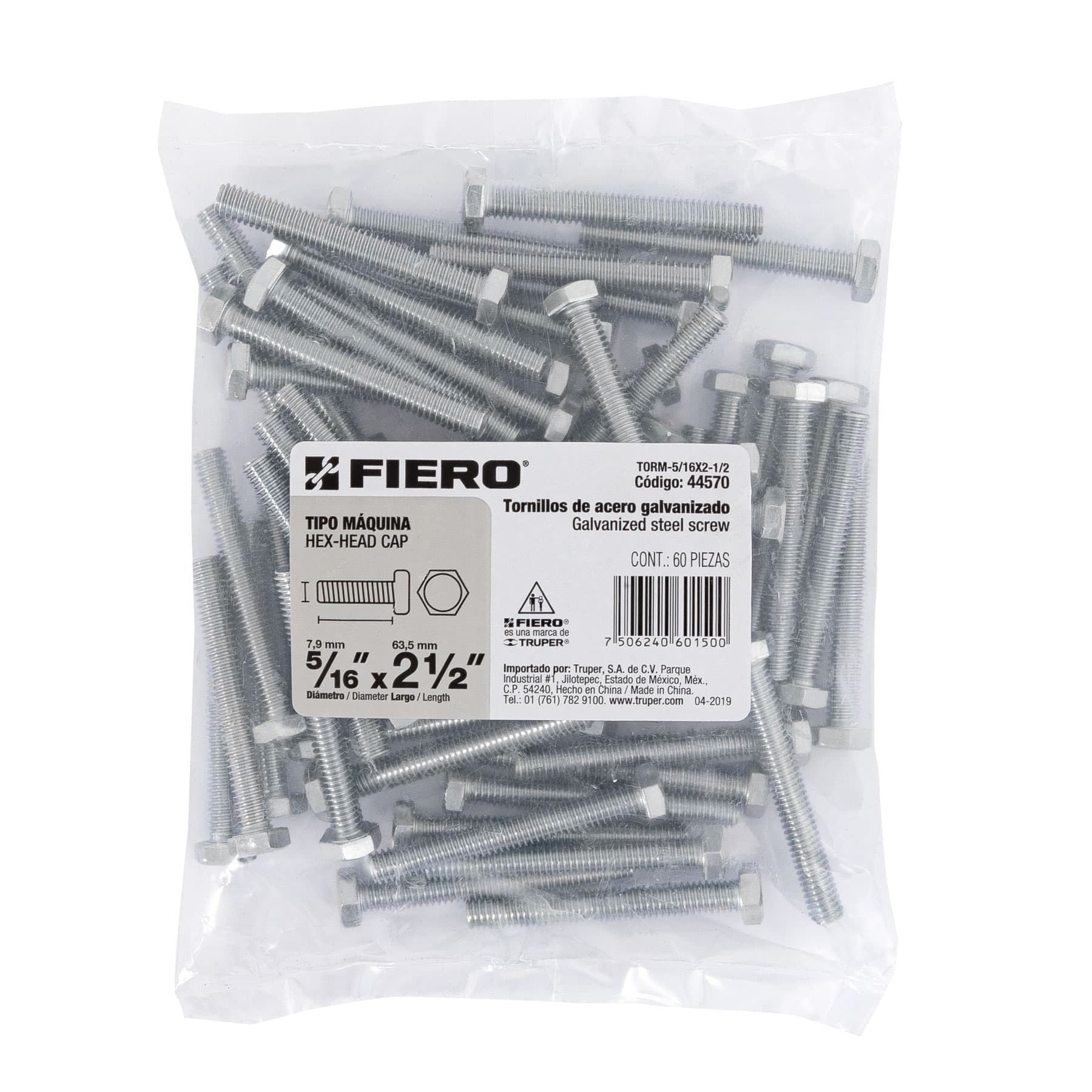 Tornillo Cabeza Hexagonal 5/16" x 2"1/2 Fiero Bolsa 60 Piezas