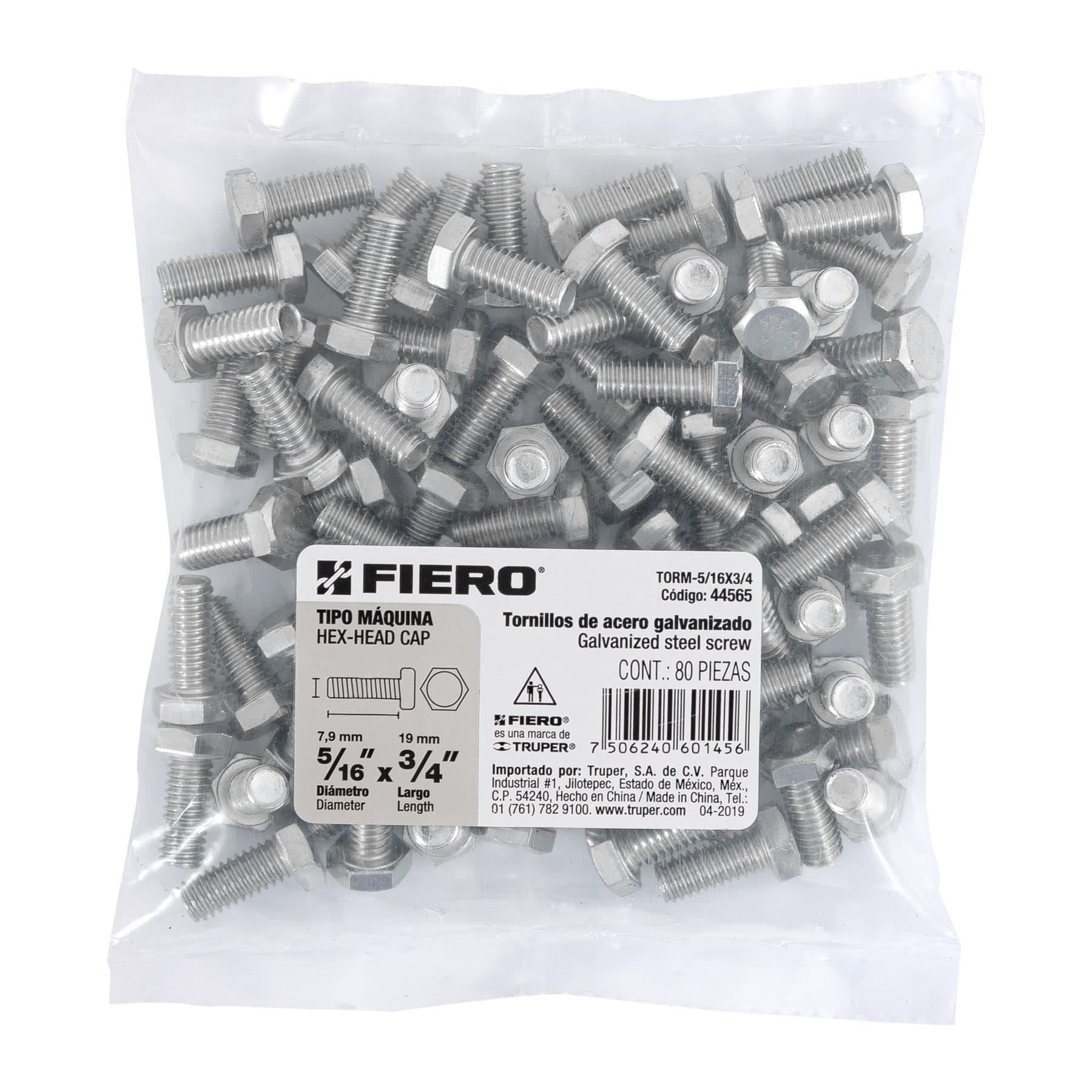 Tornillo Cabeza Hexagonal 5/16" (8 mm) X  3/4" Bolsa 80 Piezas Fiero