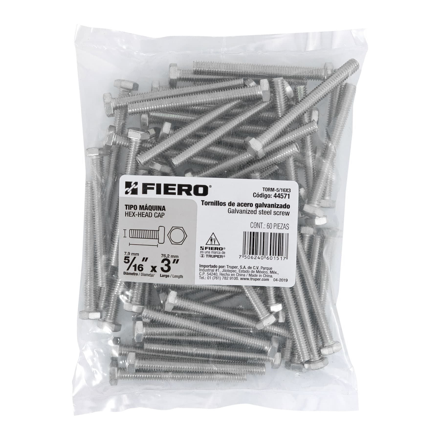 Tornillo Cabeza Hexagonal 5/16" x 3" Fiero Bolsa 60 Piezas